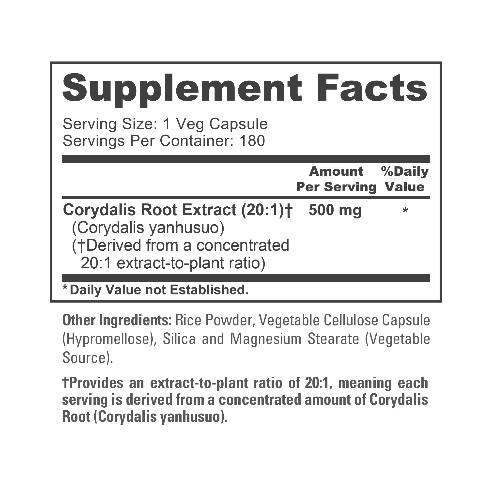 NusaPure Corydalis Root Extract 20:1 - Suitable for Vegetarian/Vegan, Non - GMO - 500 mg - 180 Capsules