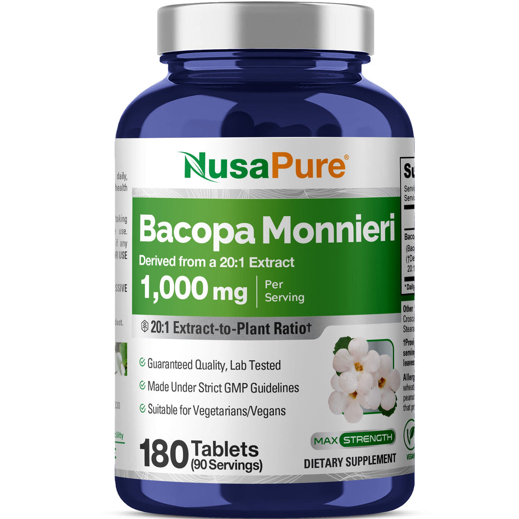 NusaPure Bacopa Leaf Monnieri Extract 1,000 mg 180 Tablets (Extract 20:1, Non-GMO, Gluten Free & Vegan)