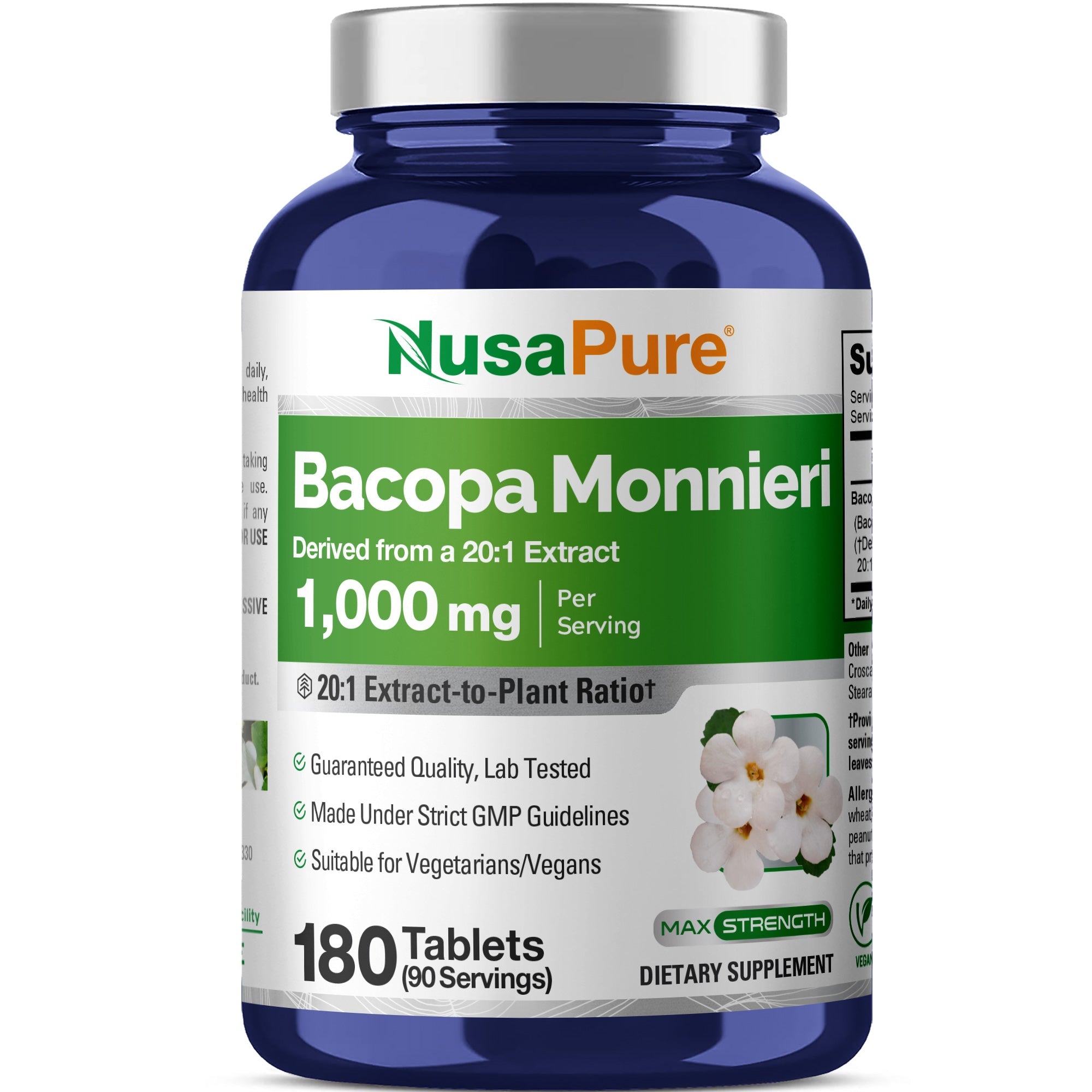 NusaPure Bacopa Leaf Monnieri Extract 1,000 mg 180 Tablets (Extract 20:1, Non-GMO, Gluten Free & Vegan)