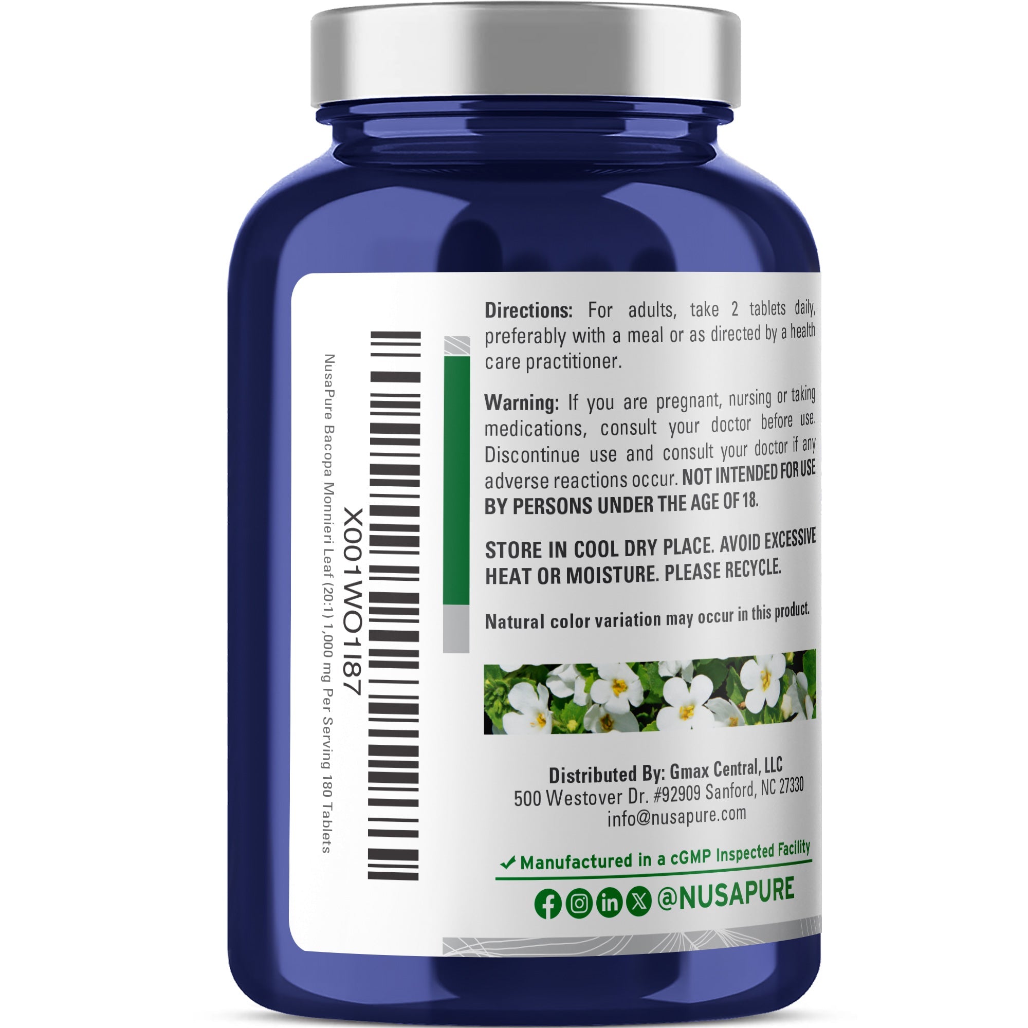 NusaPure Bacopa Leaf Monnieri Extract 1,000 mg 180 Tablets (Extract 20:1, Non-GMO, Gluten Free & Vegan)