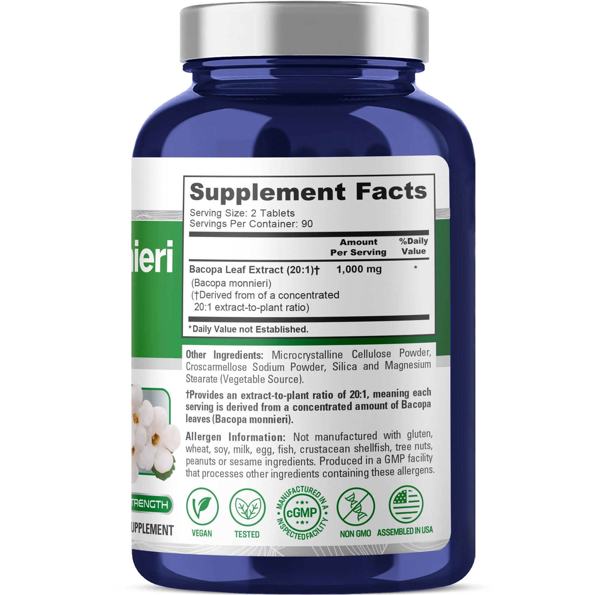 NusaPure Bacopa Leaf Monnieri Extract 1,000 mg 180 Tablets (Extract 20:1, Non-GMO, Gluten Free & Vegan)
