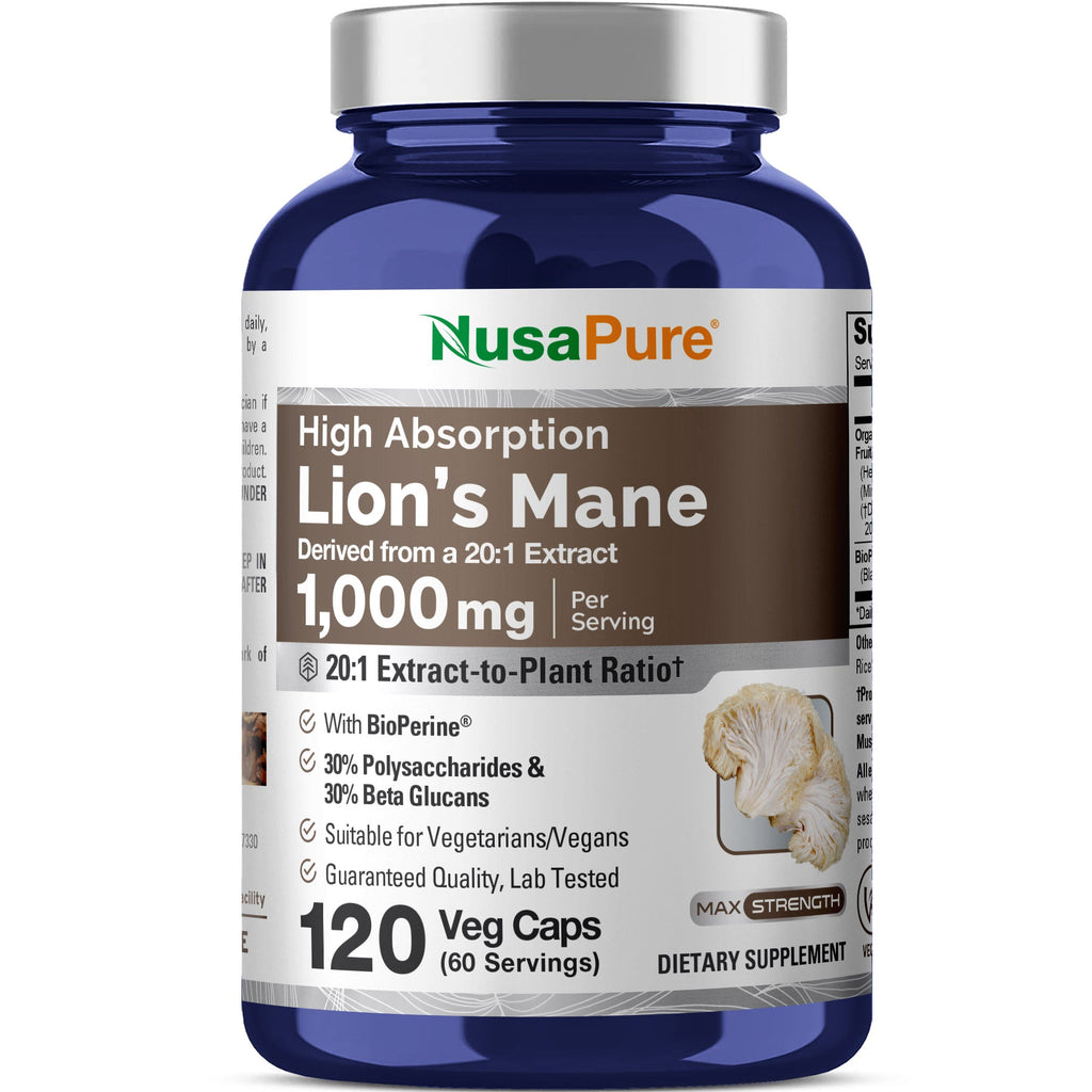 NusaPure Lions Mane 20:1 Extract 1000mg - Made with Organic Lion`s Mane, Bioperine - 30% Polysaccharides - 120 Veggie Caps. Non-GMO, Gluten Free