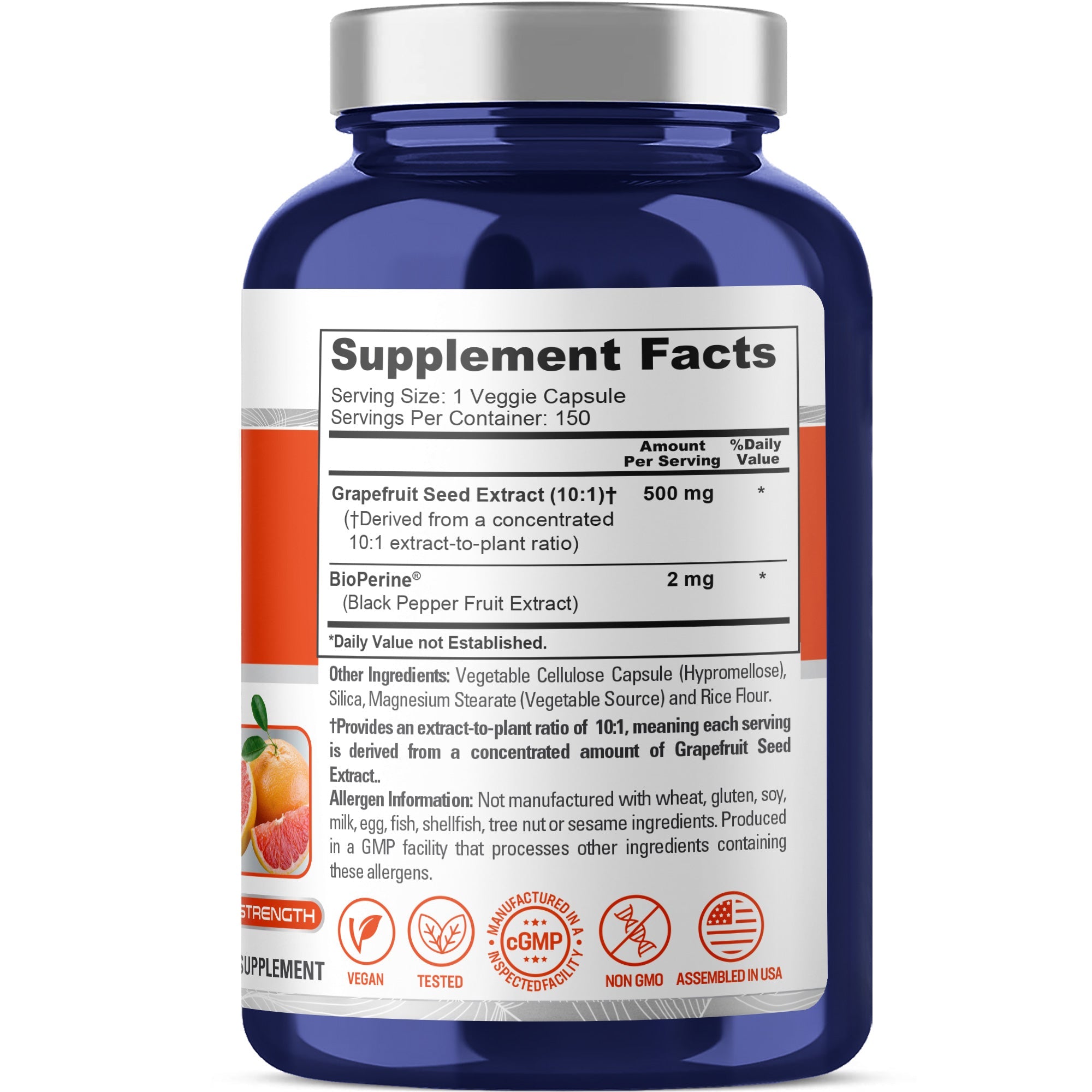 NusaPure Grapefruit Extract 500 mg per Capsule (Extract 10:1) Bioperine 150 Veggie caps (Gluten Free & Non-GMO)
