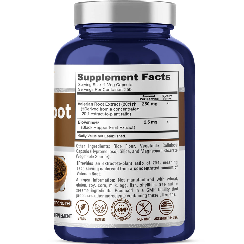 NusaPure Valerian Root 20:1 Extract, 250 mg Per Veggie Caps, 250 Count, Vegan, Non-GMO, Bioperine