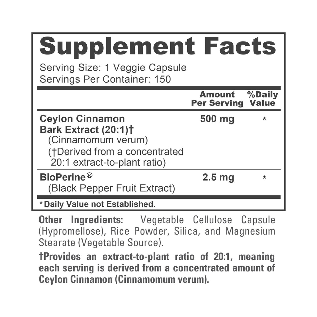 NusaPure Ceylon Cinnamon 20:1 Extract, 500 mg per Capsule | 150 Veggie Capsules | Non-GMO, Vegan with Bioperine