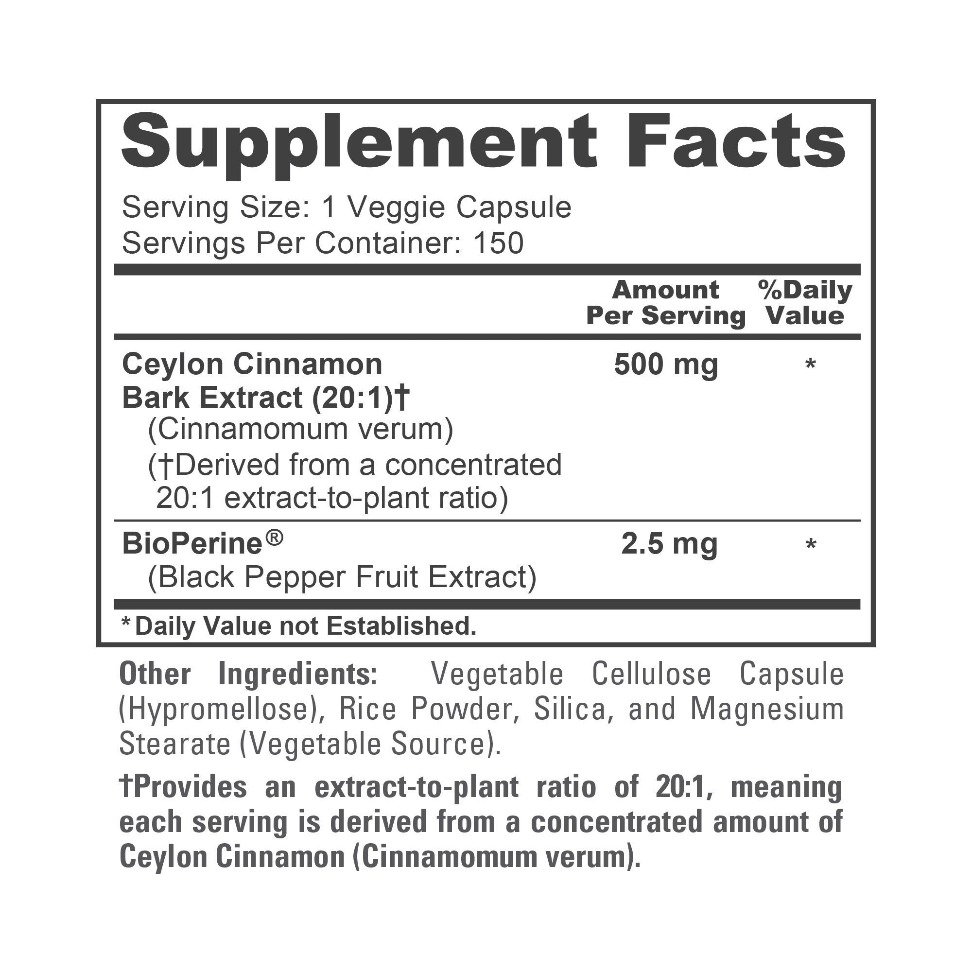 NusaPure Ceylon Cinnamon 20:1 Extract, 500 mg per Capsule | 150 Veggie Capsules | Non-GMO, Vegan with Bioperine