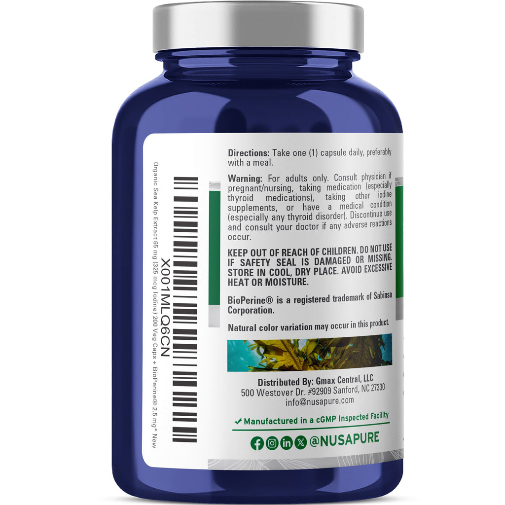 NusaPure Sea Kelp Natural Iodine 325mcg 10:1 Extract, 65 mg Capsule 200 Count (Non-GMO, Vegan)