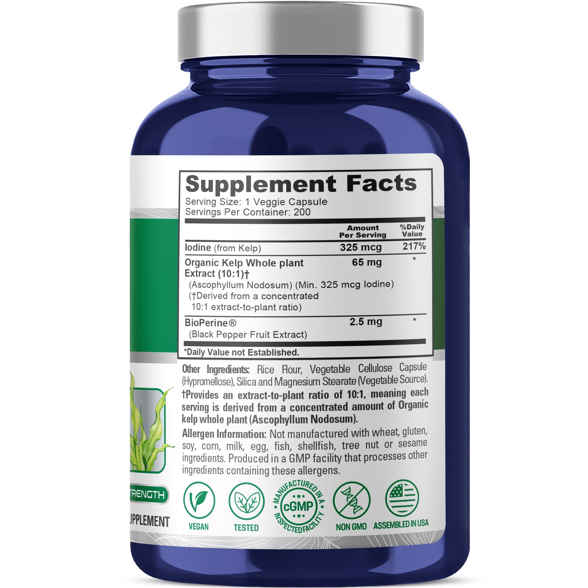 NusaPure Sea Kelp Natural Iodine 325mcg 10:1 Extract, 65 mg Capsule 200 Count (Non-GMO, Vegan)