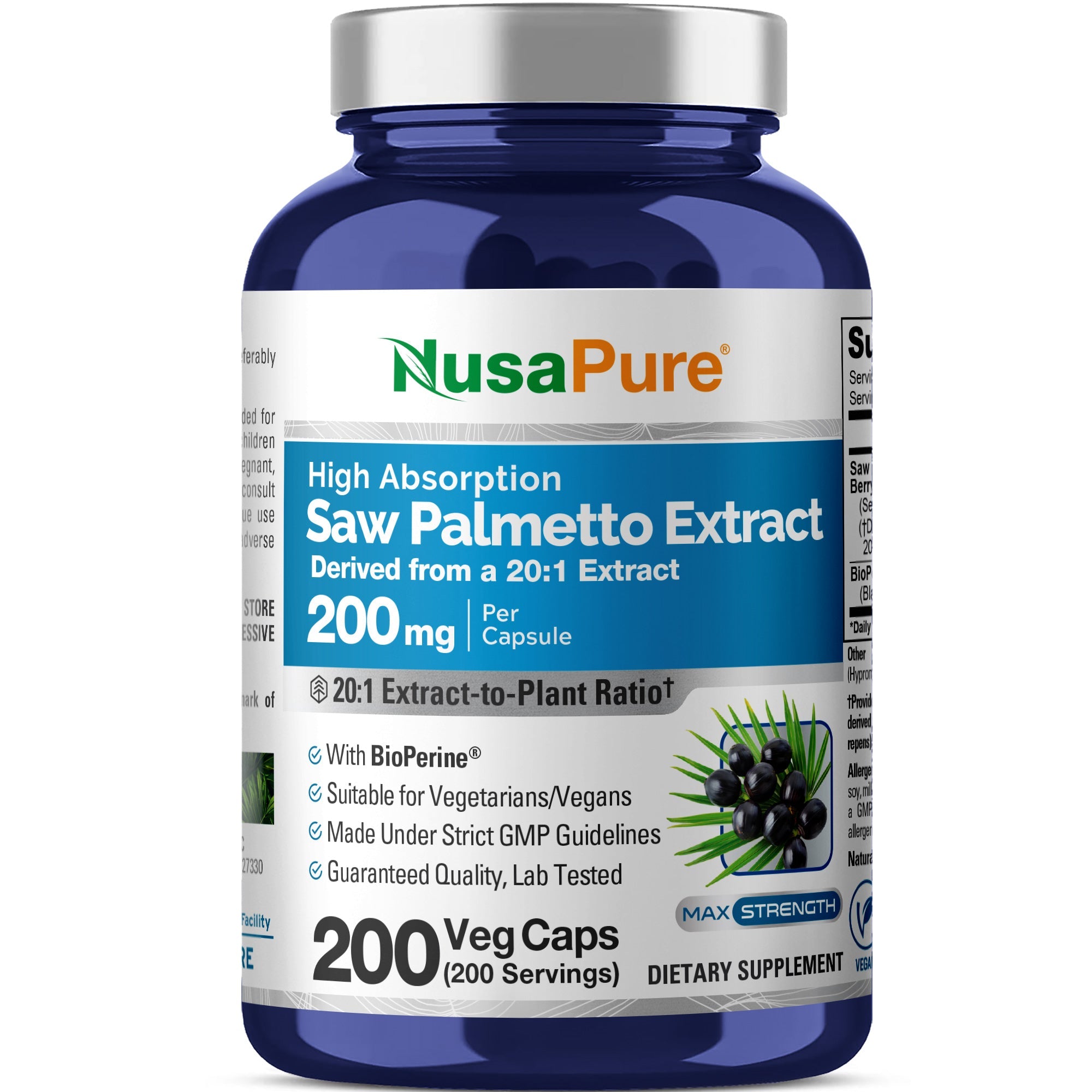 NusaPure Saw Palmetto 20:1 Extract, 200 mg per Veggie Caps 200 Count Non-GMO, Vegan, Vegetarian, Bioperine