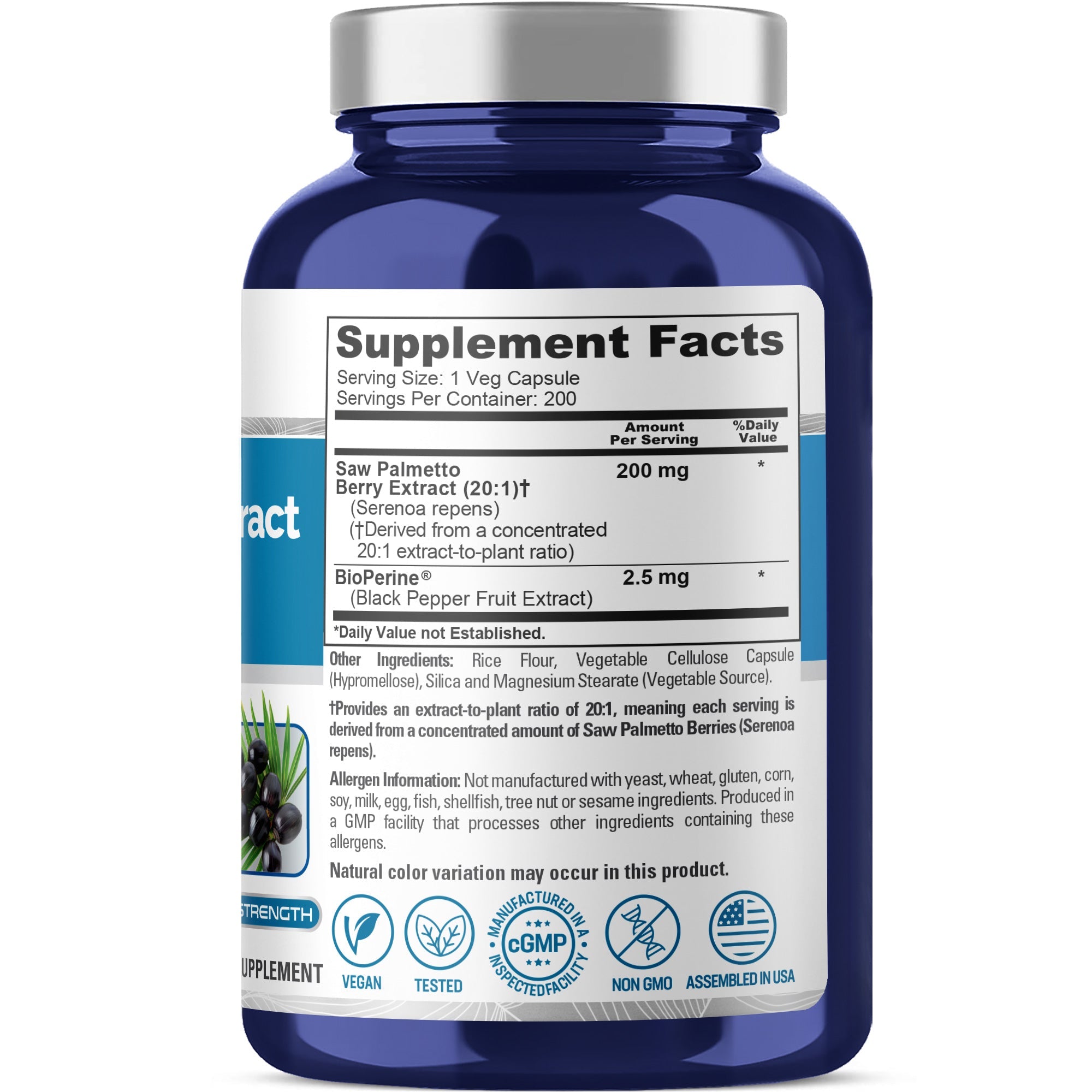 NusaPure Saw Palmetto 20:1 Extract, 200 mg per Veggie Caps 200 Count Non-GMO, Vegan, Vegetarian, Bioperine