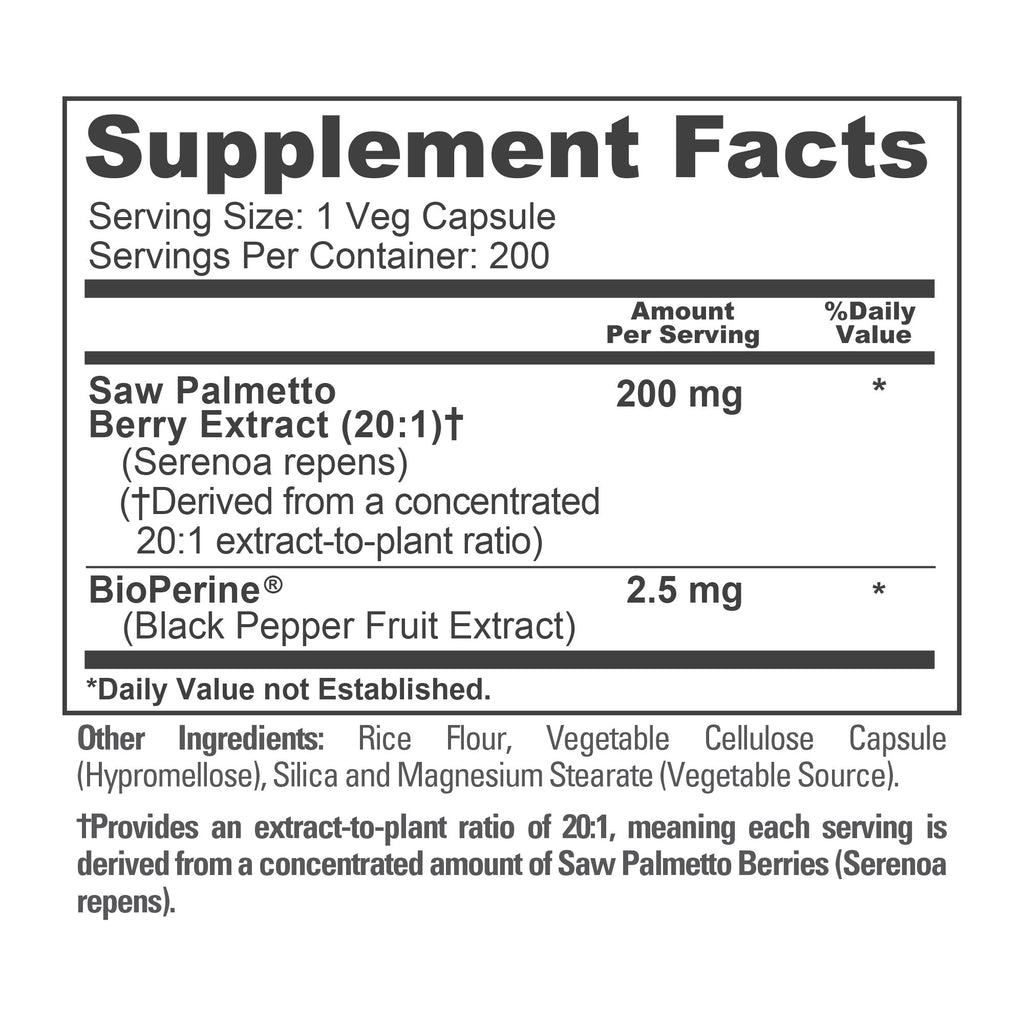 NusaPure Saw Palmetto 20:1 Extract, 200 mg per Veggie Caps 200 Count Non-GMO, Vegan, Vegetarian, Bioperine