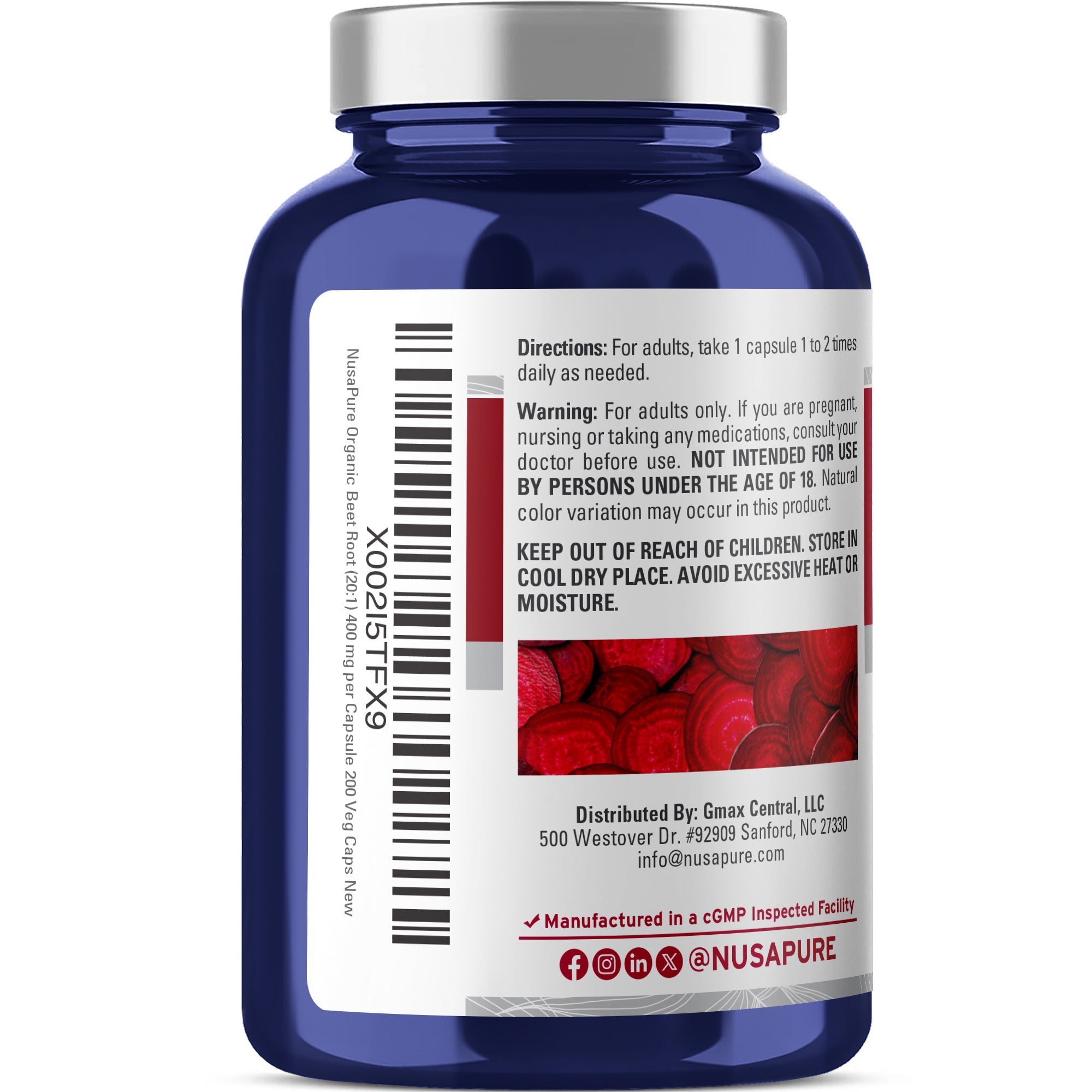 NusaPure Organic Beet Root 20:1 Extract, 400 mg - Black Pepper 4:1 Extract, 10 mg - 200 Veggie caps (Vegan, Non-GMO)