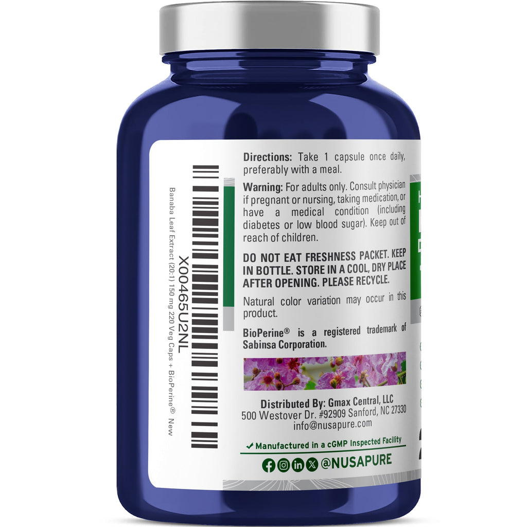 NusaPure Banaba Leaf, 150 mg, 220 Veg Capsules (Non-GMO, Vegan)