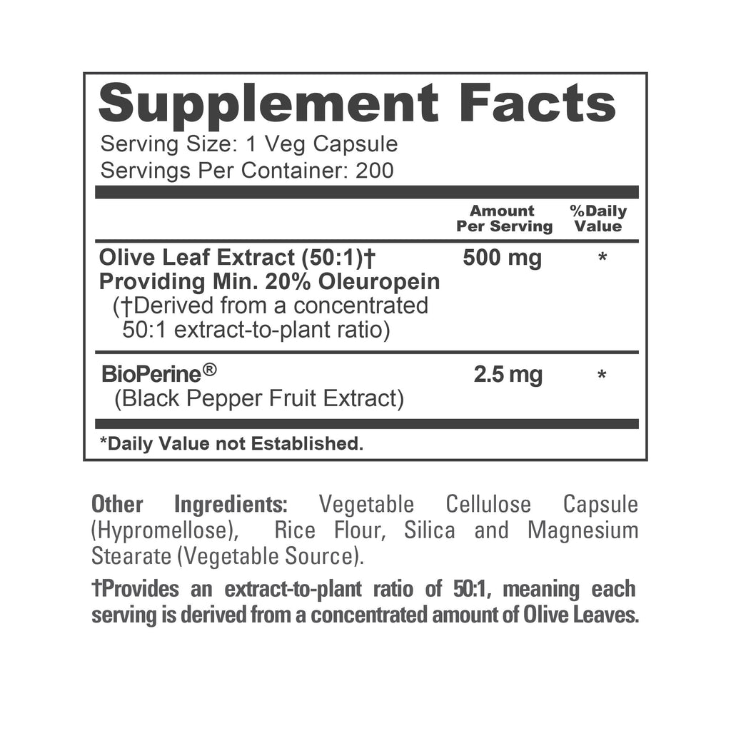 NusaPure Olive Leaf 20% Oleuropein 50:1 Extract, 500 mg 200 Veg Caps Suitable for Vegetarians and Vegans, Non-GMO