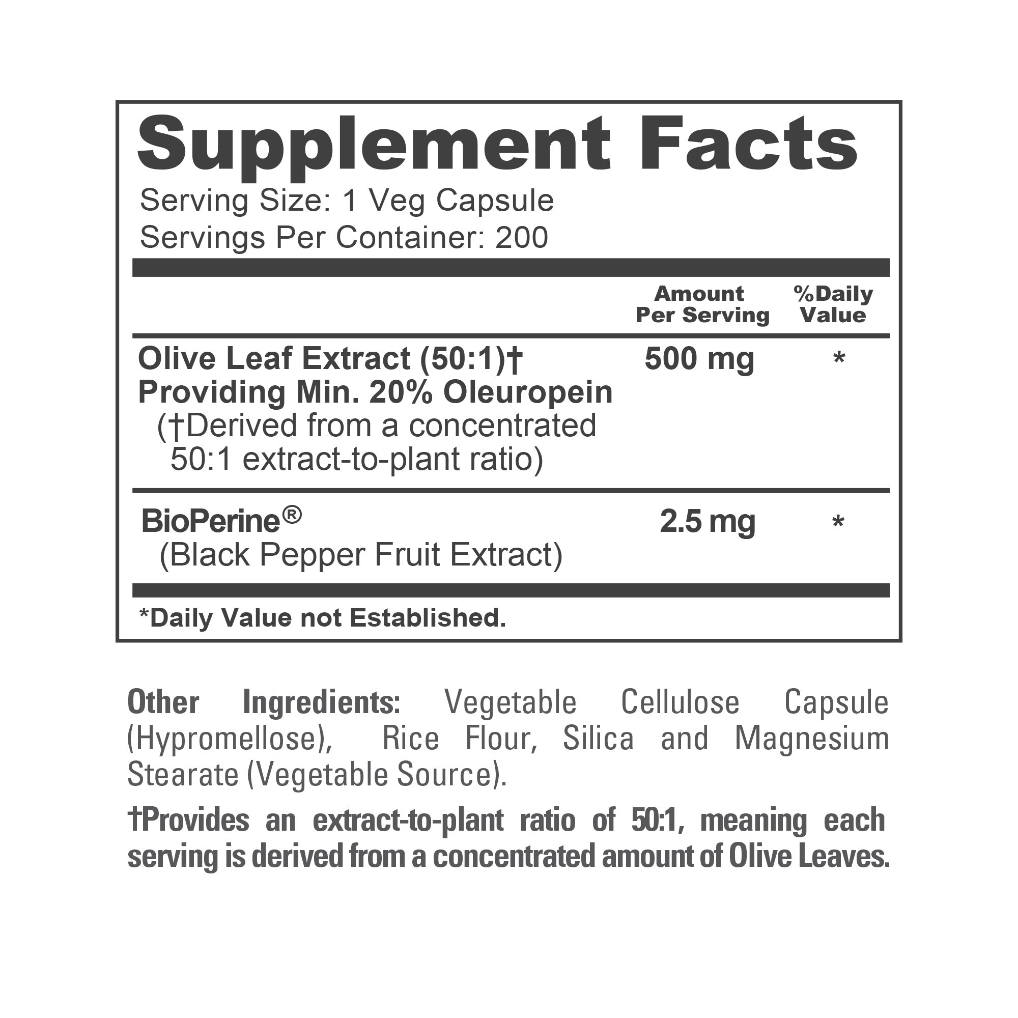 NusaPure Olive Leaf 20% Oleuropein 50:1 Extract, 500 mg 200 Veg Caps Suitable for Vegetarians and Vegans, Non-GMO