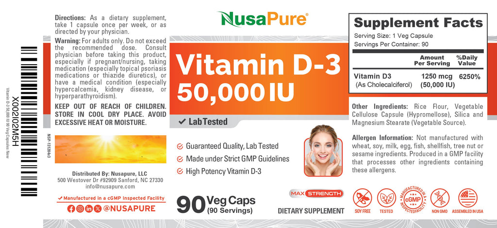 NusaPure Vitamin D3 50,000 IU 90 Vegetarian Capsules (Non-GMO)