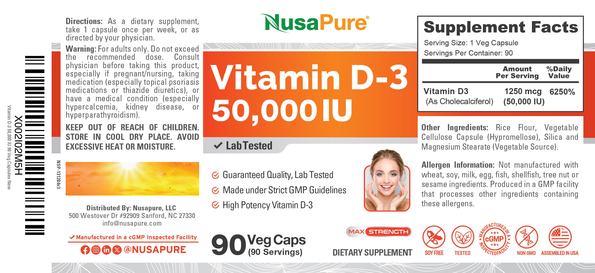 NusaPure Vitamin D3 50,000 IU 90 Vegetarian Capsules (Non-GMO)