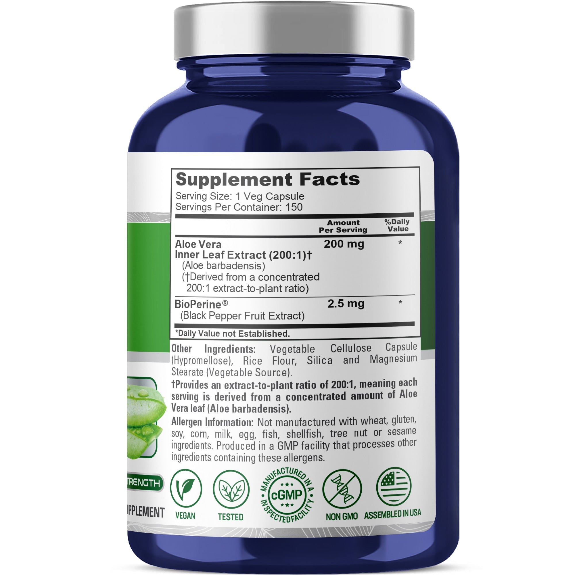 NusaPure Aloe Vera 200mg Per Veggie Caps - 150 Count - Aloe Vera Gel Supplement - Extract 200:1, Vegetarian, Non-GMO, Bioperine