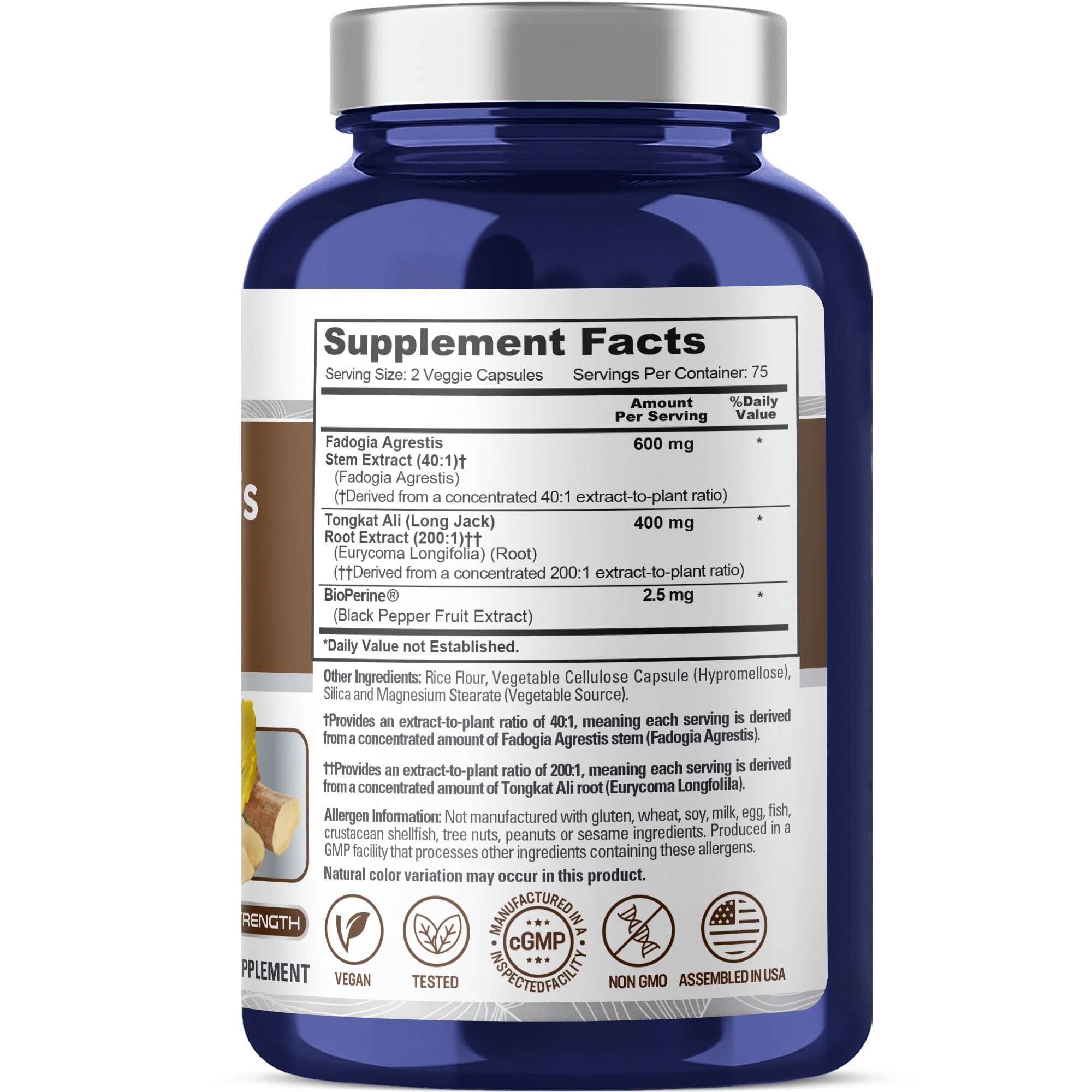 NusaPure Fadogia Agrestis 600mg + Tongkat Ali 400mg - 150 Veggie Caps - Non-GMO, Made in USA, Serving 2 VCaps, BioPerine