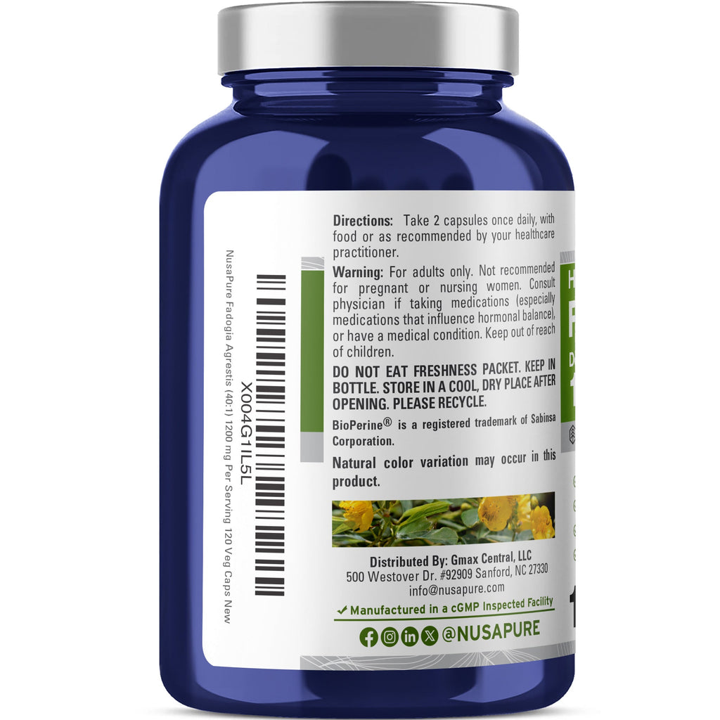NusaPure Fadogia Agrestis 40:1 Extract, 1200 mg Per Serving 120 Vegan Capsules, GMO Free Supplement, Bioperine