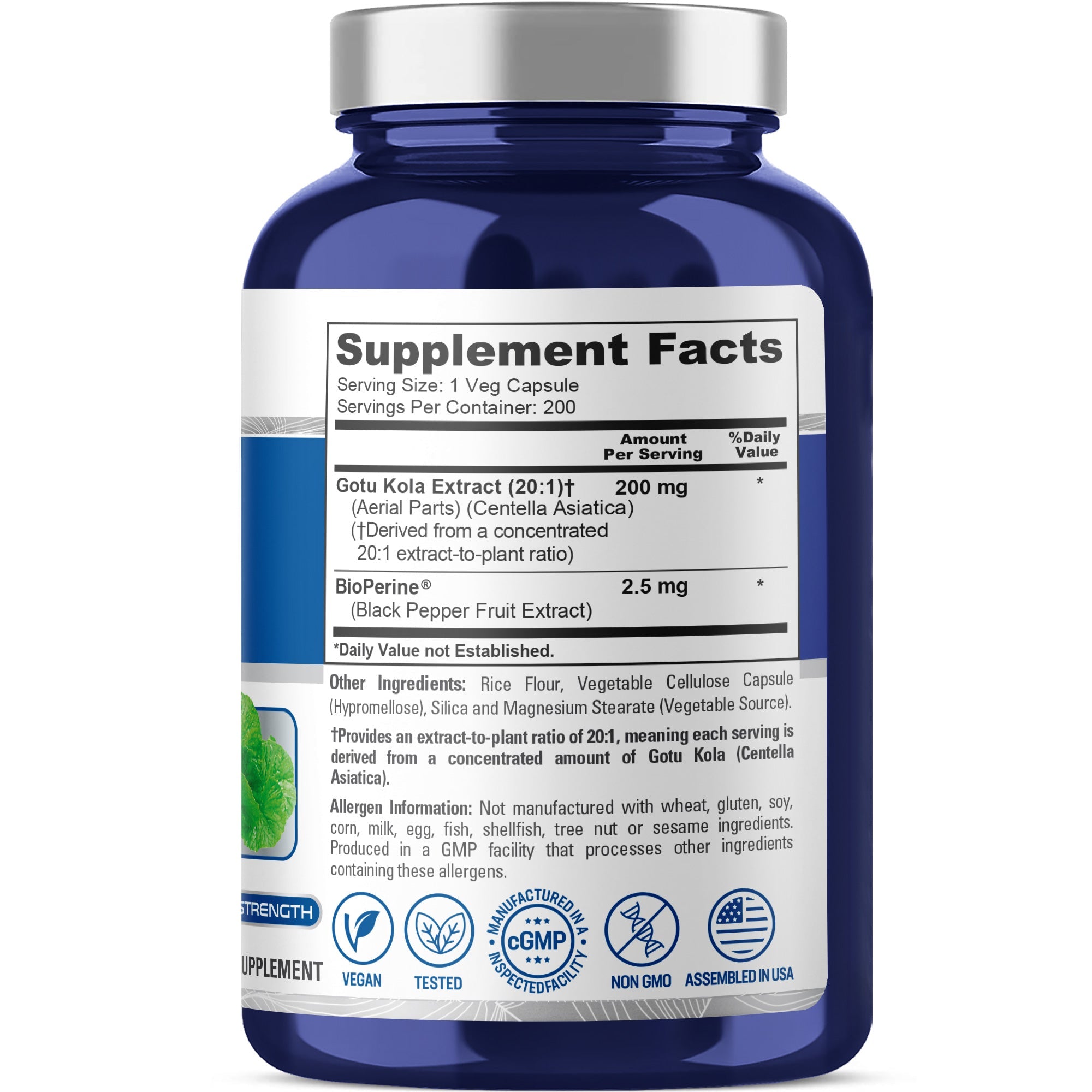NusaPure Gotu Kola Capsules 20:1 Extract, 200 mg Per Veggie Caps, 200 Count, Non-GMO, Vegan, Bioperine - Traditional Herb Extract
