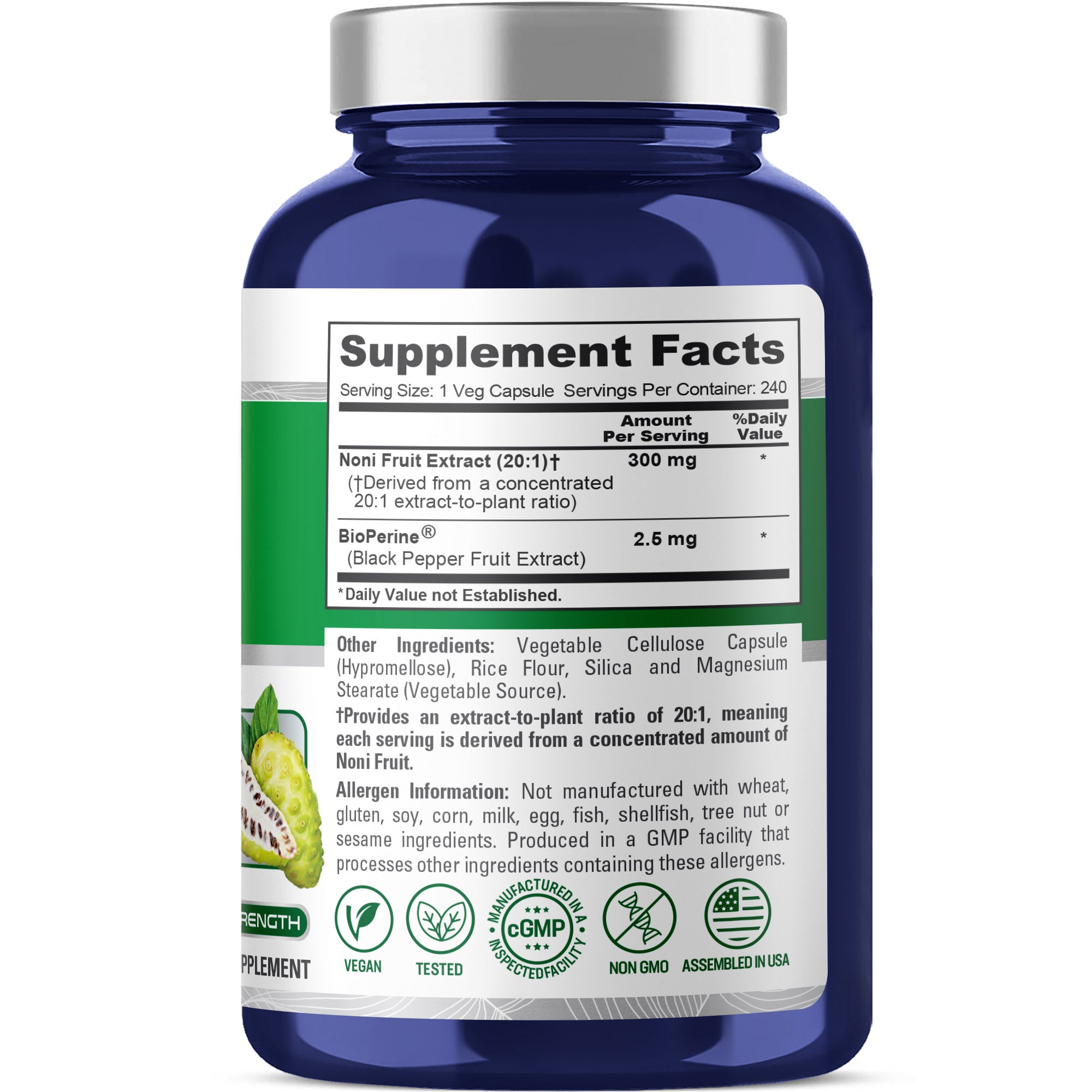 NusaPure Noni Fruit 20:1 Extract, 300 mg 240 Capsules Suitable for Vegetarian/Vegan, Non-GMO