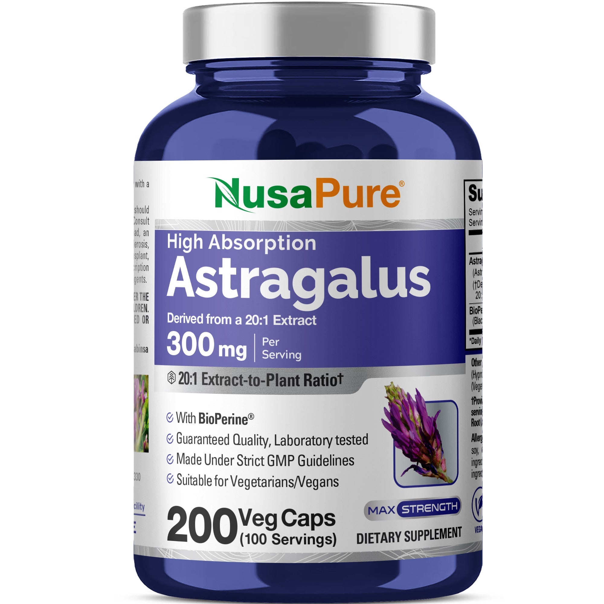 NusaPure Astragalus 20:1 Extract, 300 mg Per Serving, 200 Veggie Capsules, Vegan, Non-GMO & Bioperine