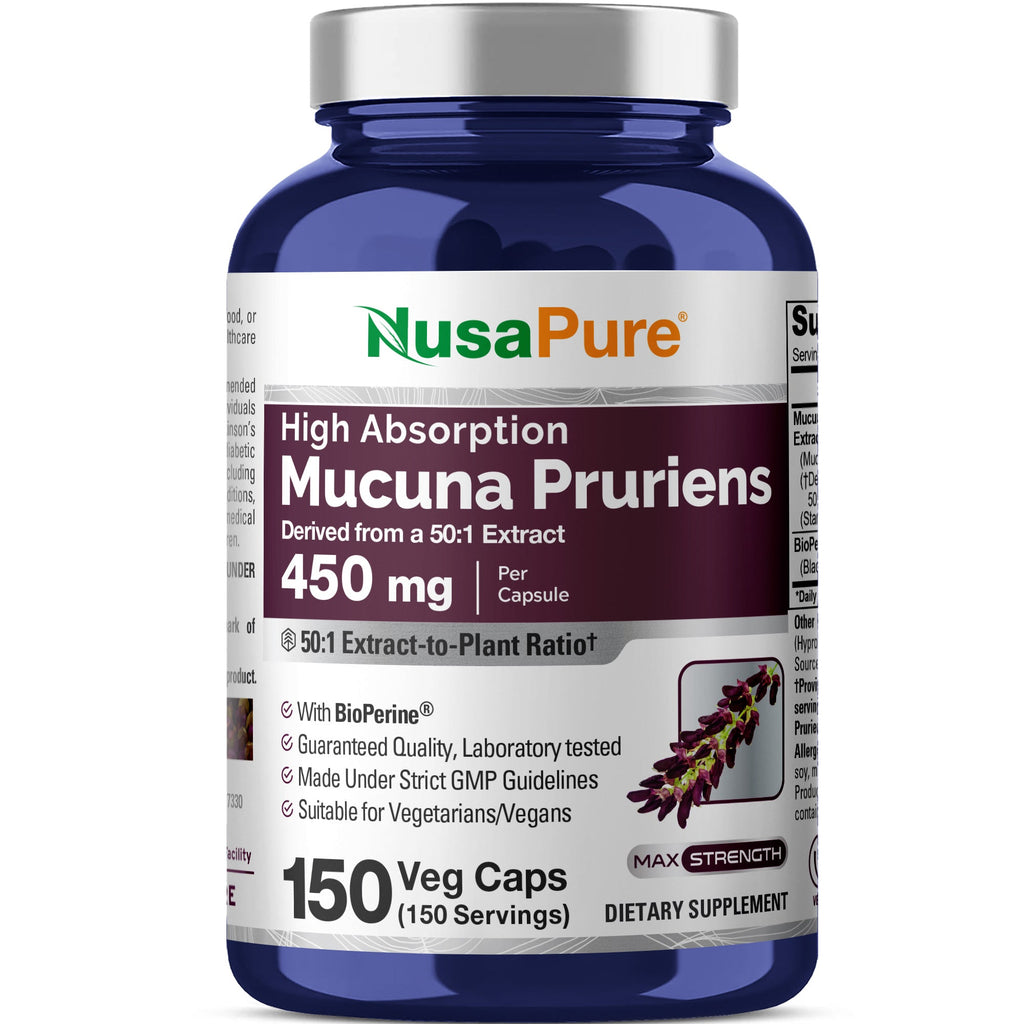 NusaPure Mucuna Pruriens 50:1 Extract, 450 mg 150 Veggie Caps (Non-GMO, Gluten Free, & Bio-Perine)