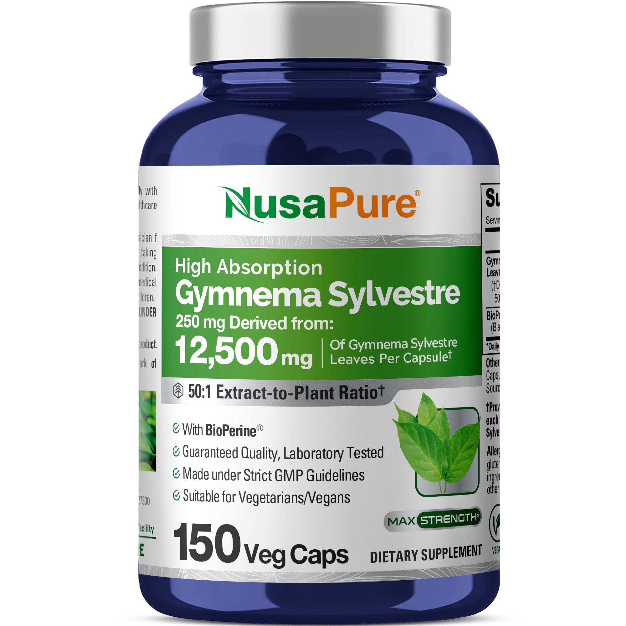 NusaPure Gymnema Sylvestre 50:1 Extract, 250 mg Per Vegan Caps - 150 Count (Non-GMO, Vegan, Bioperine)
