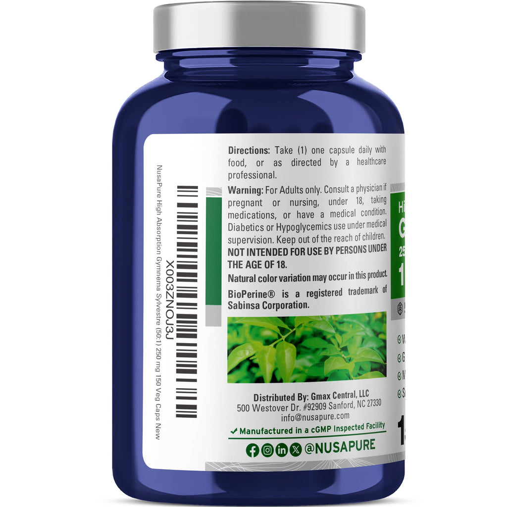 NusaPure Gymnema Sylvestre 50:1 Extract, 250 mg Per Vegan Caps - 150 Count (Non-GMO, Vegan, Bioperine)