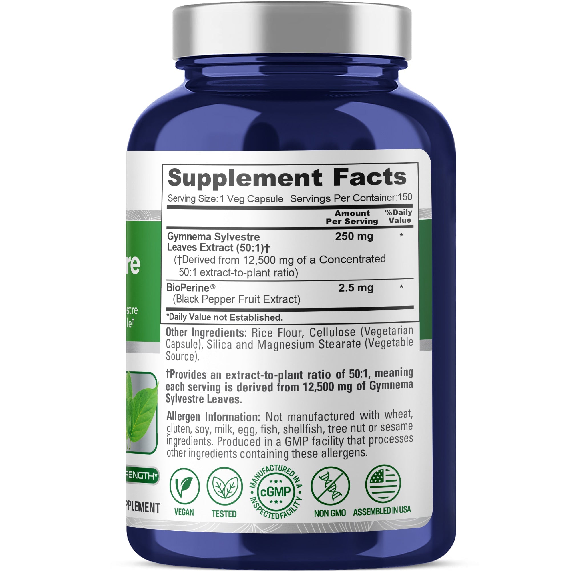 NusaPure Gymnema Sylvestre 50:1 Extract, 250 mg Per Vegan Caps - 150 Count (Non-GMO, Vegan, Bioperine)