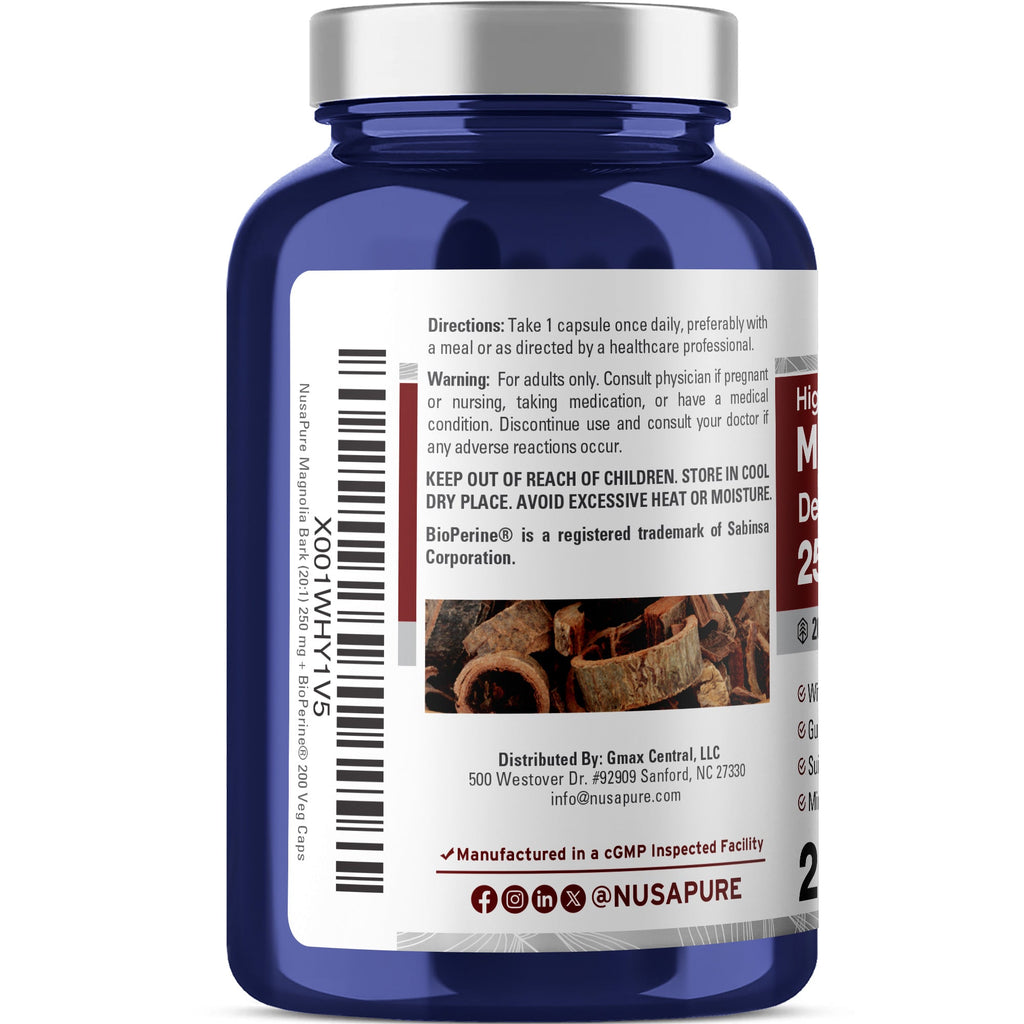 NusaPure Magnolia Bark 20:1 Extract, 250 mg 200 Vegan Vegetarian Capsules Non-GMO
