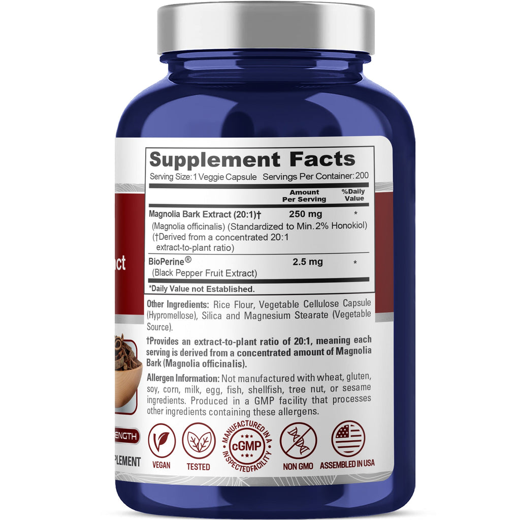NusaPure Magnolia Bark 20:1 Extract, 250 mg 200 Vegan Vegetarian Capsules Non-GMO