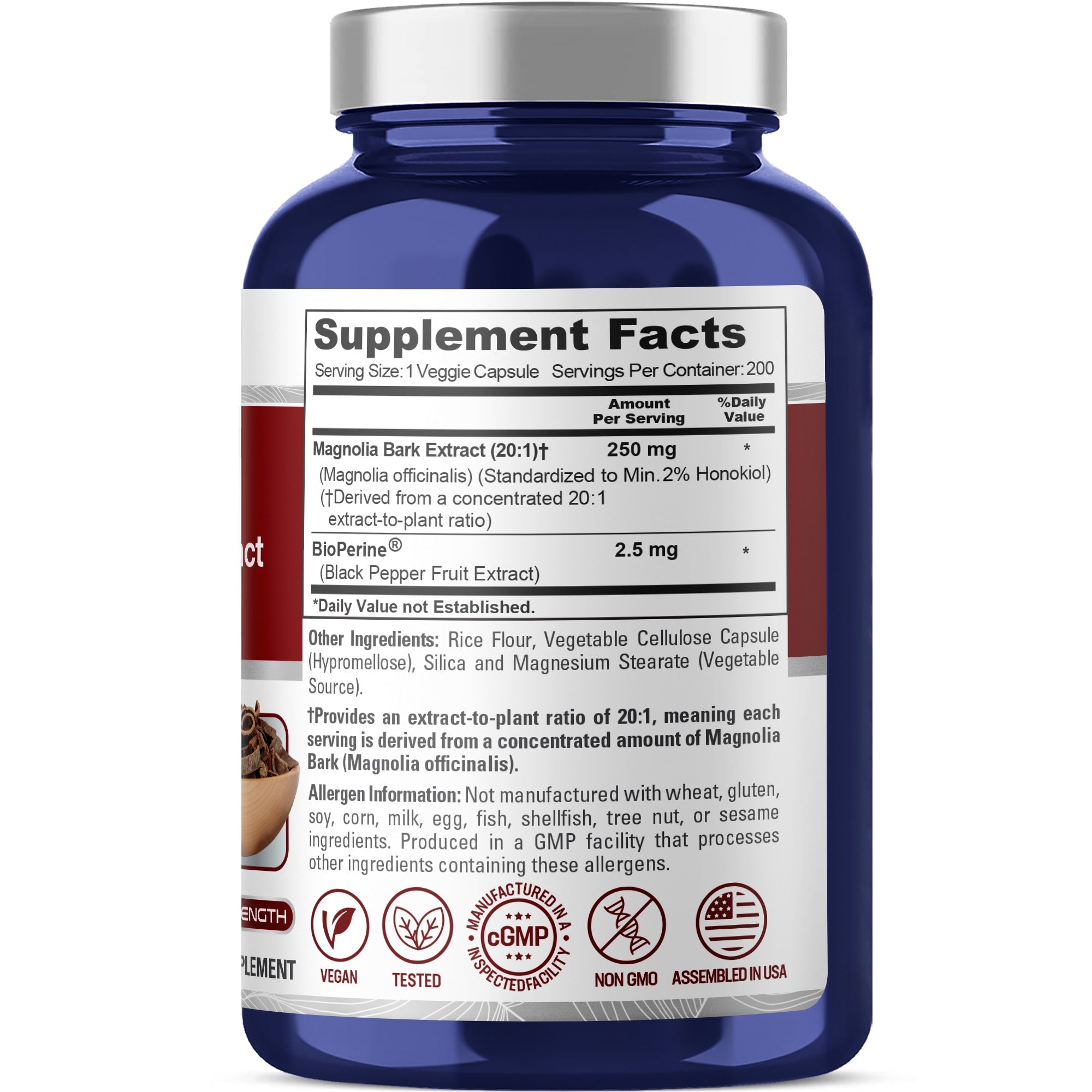 NusaPure Magnolia Bark 20:1 Extract, 250 mg 200 Vegan Vegetarian Capsules Non-GMO