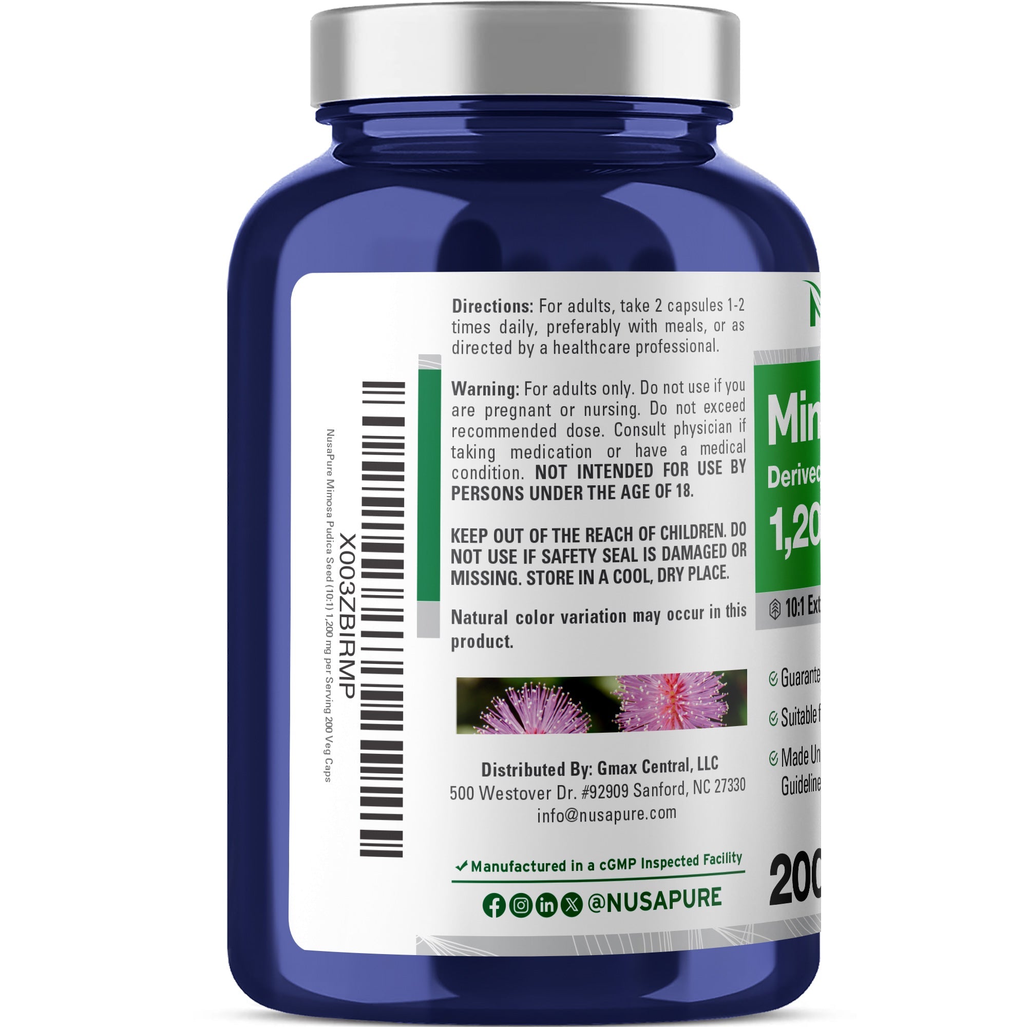 NusaPure Mimosa Pudica Seed 1,200 mg 200 Vegan Capsules (10:1 Extract, Non-GMO, Gluten Free)