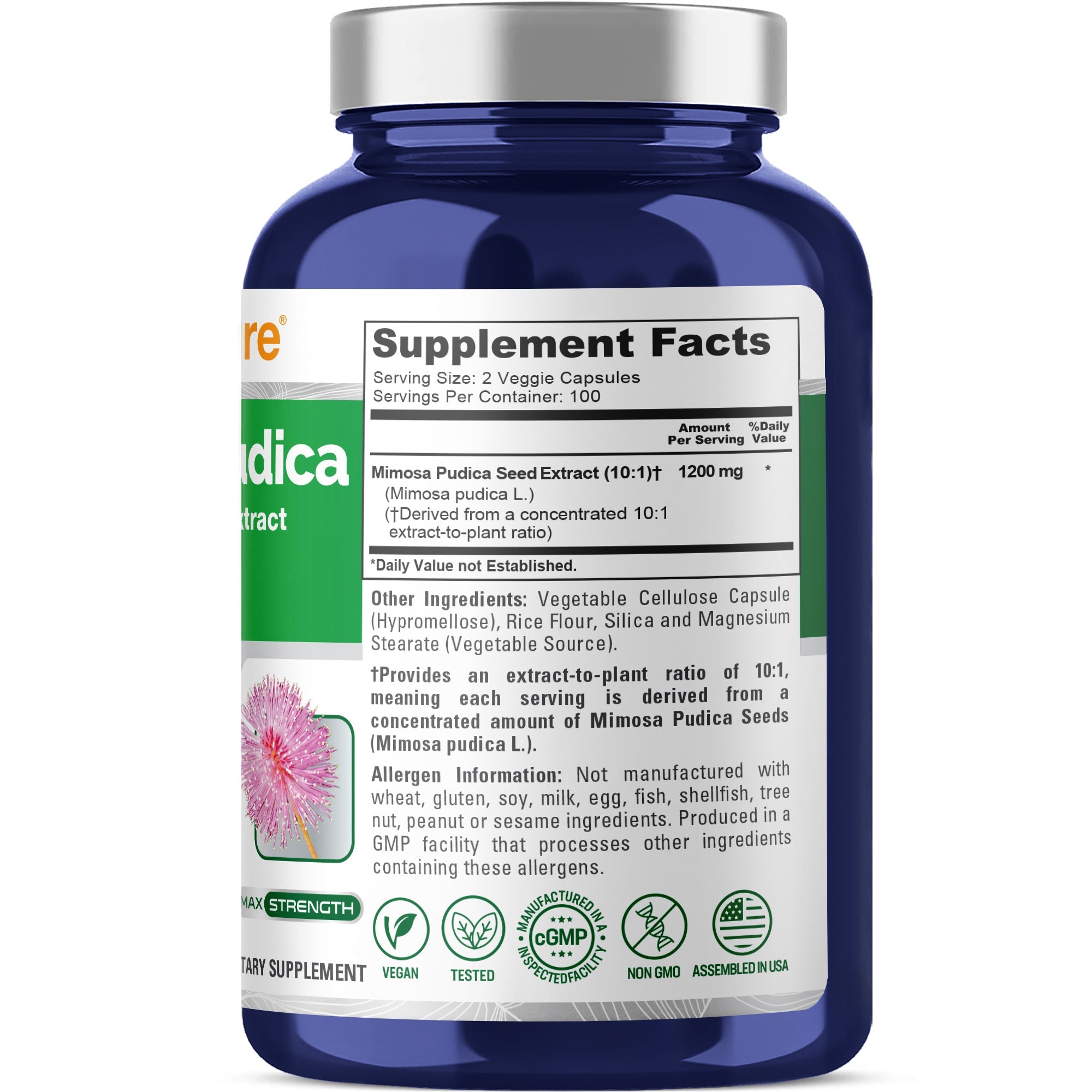 NusaPure Mimosa Pudica Seed 1,200 mg 200 Vegan Capsules (10:1 Extract, Non-GMO, Gluten Free)