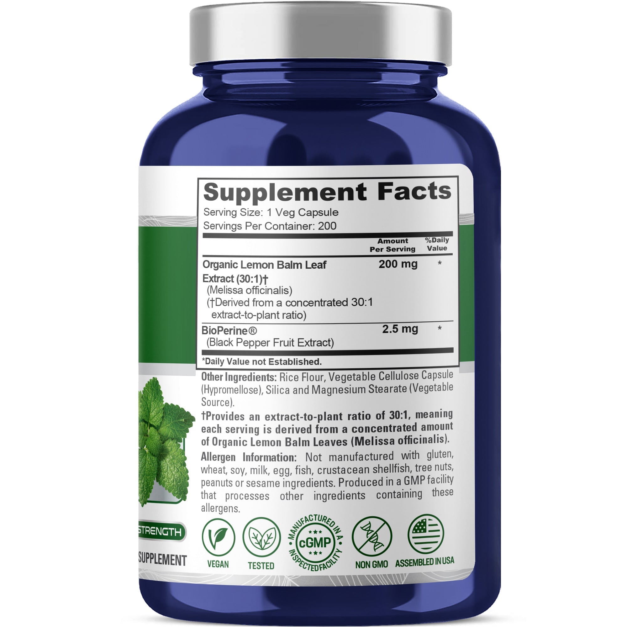 NusaPure Lemon Balm 30:1 Extract, 200 mg Per Vegan Caps - 200 Count Non-GMO, Vegan Bioperine