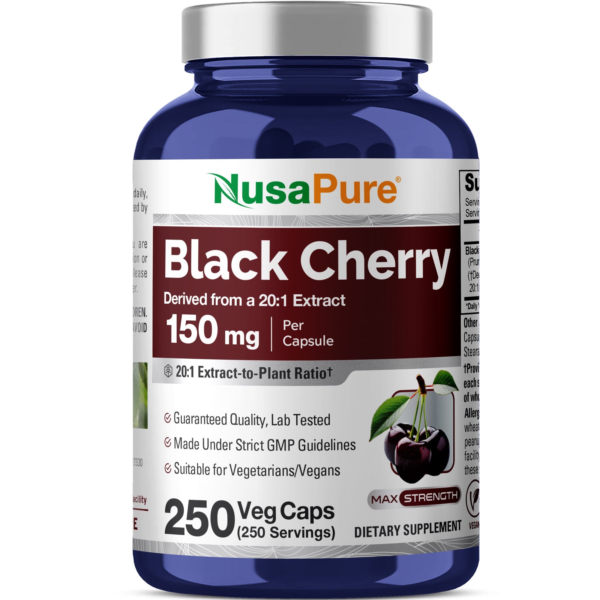 NusaPure Black Cherry Extract 20:1 - Suitable for Vegetarian/Vegan, Non - GMO - 150mg 250 Capsules