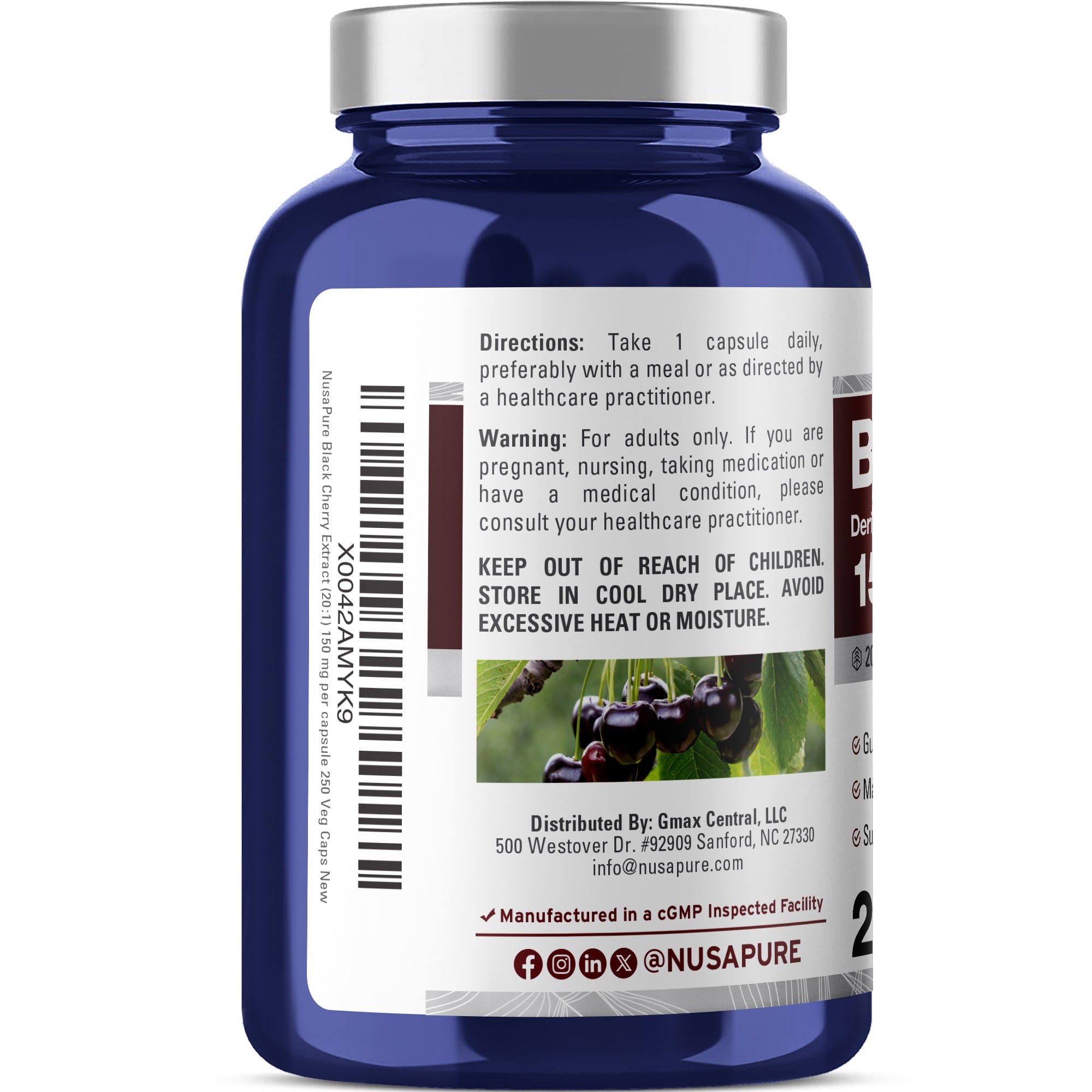 NusaPure Black Cherry Extract 20:1 - Suitable for Vegetarian/Vegan, Non - GMO - 150mg 250 Capsules