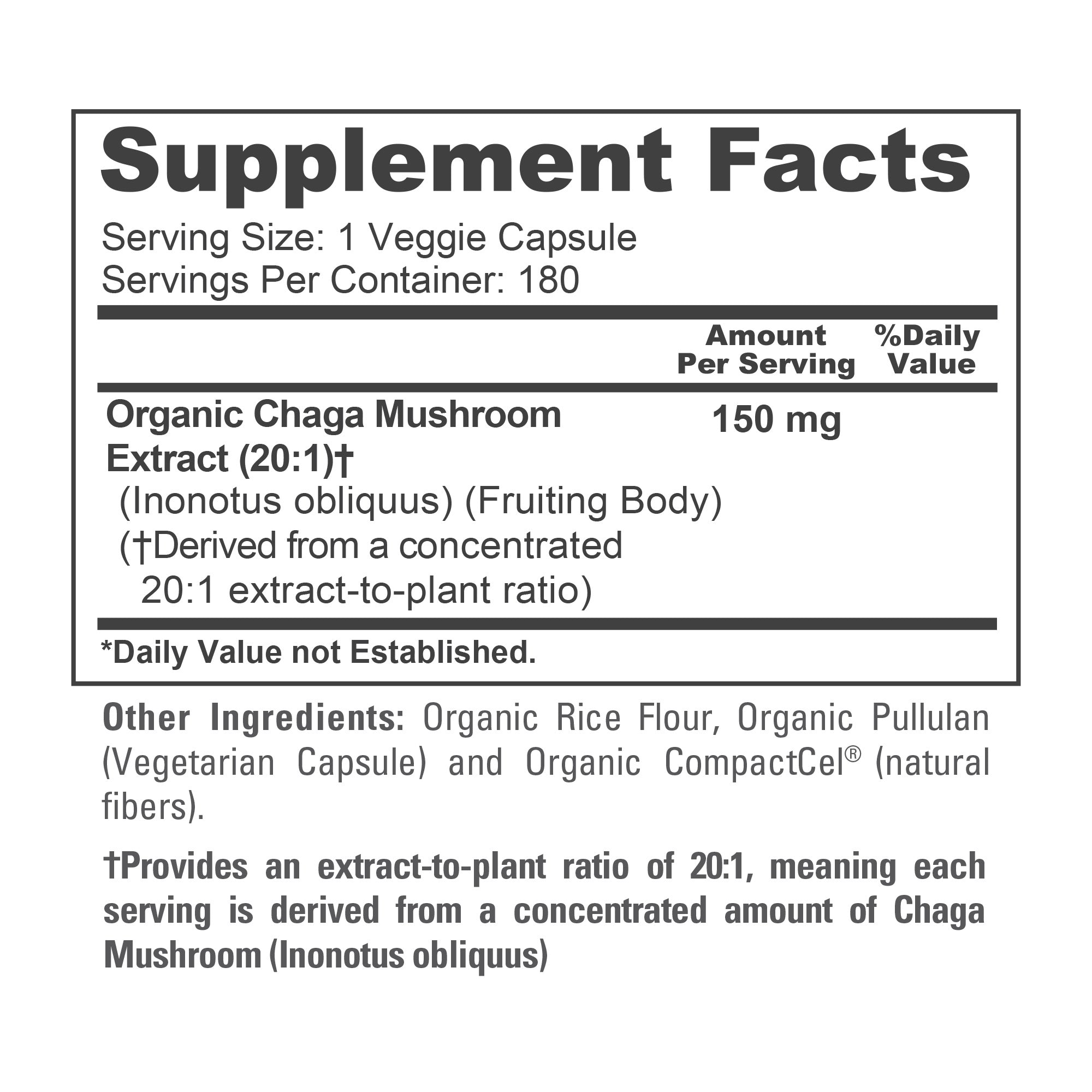 NusaPure Chaga Mushroom 20:1 Extract, 150 mg per Veggie Capsule, 180 Count, USDA Organic, Vegan, Non-GMO