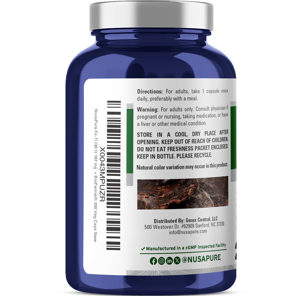 NusaPure Fo-Ti 30:1 Extract, 167 mg per Veg Caps, 200 Count, Non-GMO, Vegan, Bioperine