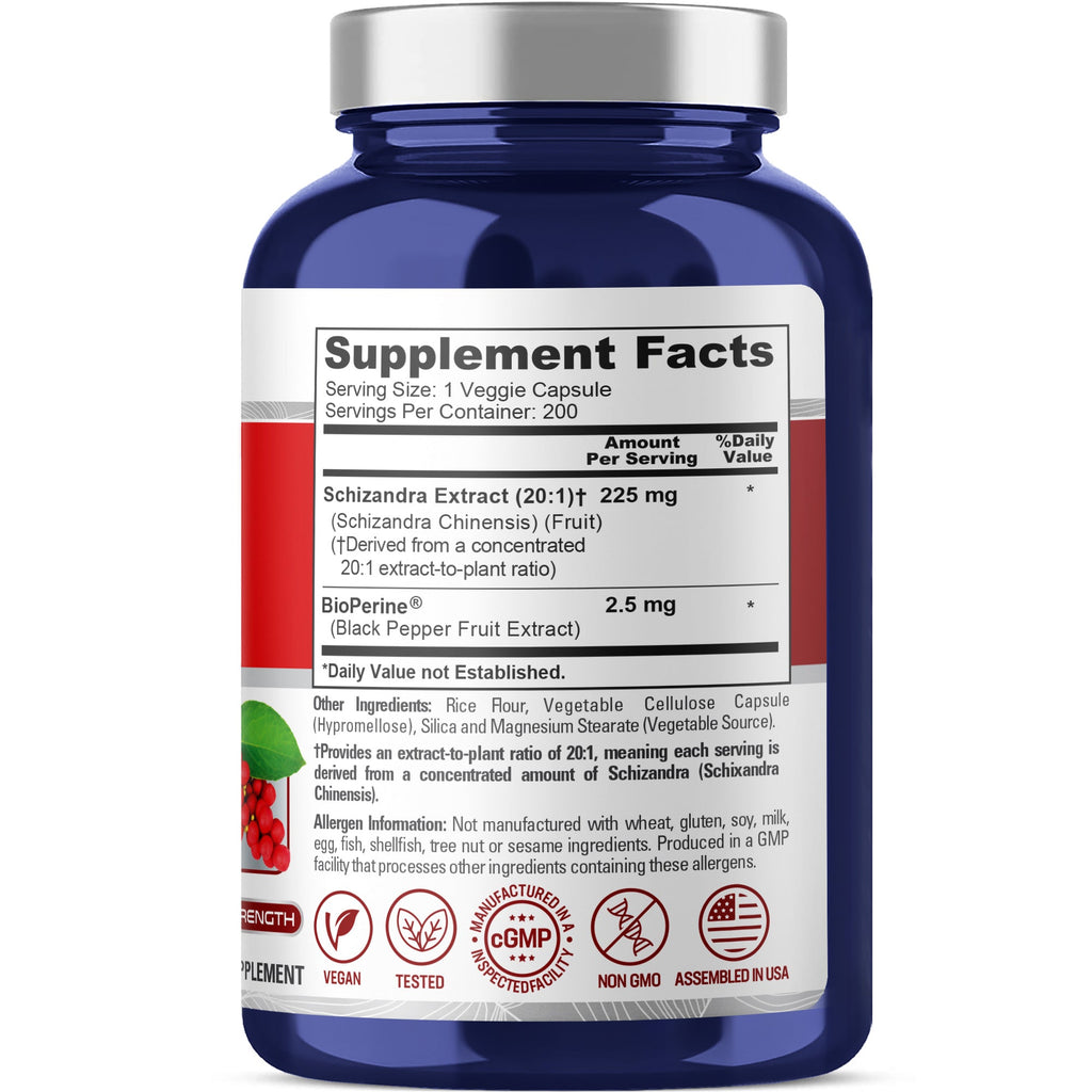 NusaPure Schizandra Berries 20:1 Extract, 225 mg, 200 Vegan Capsules (Non-GMO, Bioperine)