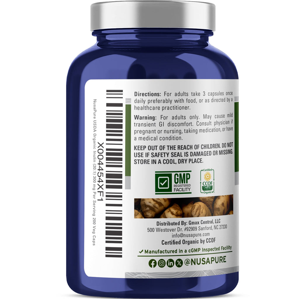NusaPure Inulin Powder 20:1 Extract, 300 mg | 200 Veg Capsules |USDA Organic Suitable for Vegetarians, Vegan, Non-GMO Supplement