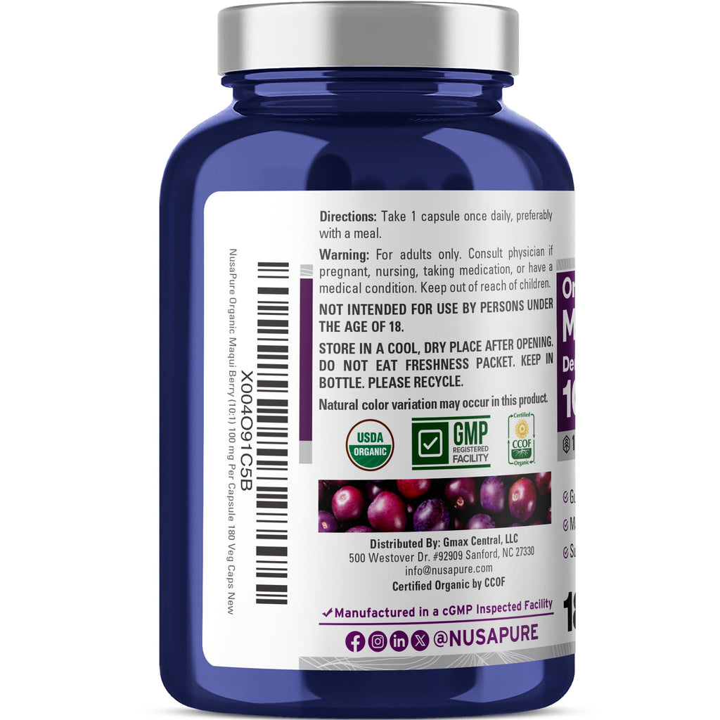 NusaPure USDA Organic Maqui Berry 10:1 Extract, 100 mg 180 Veg Caps Suitable for Vegetarians and Vegans, Non-GMO