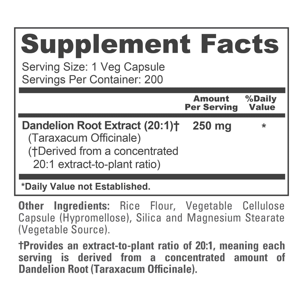 NusaPure Dandelion Root 20:1 Extract, 250 mg 200 Veg Capsules (Vegan, Non-GMO)