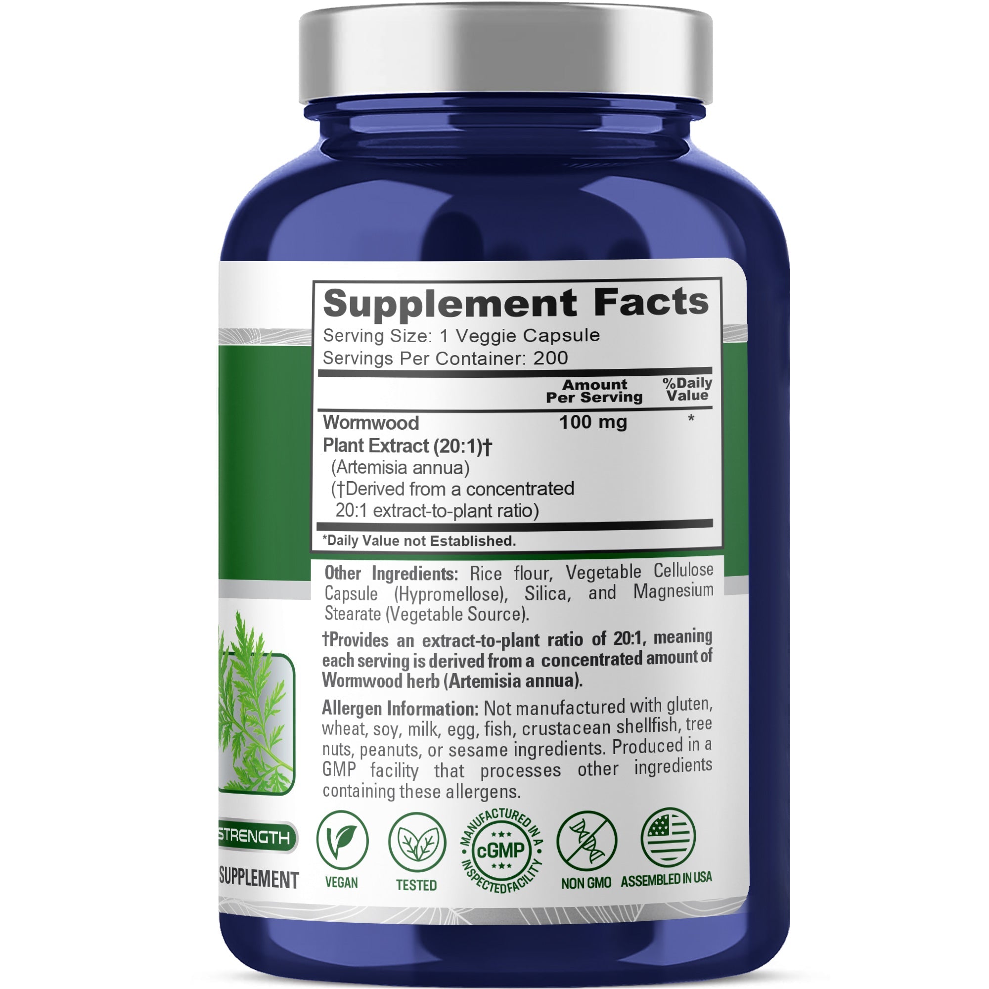 NusaPure Wormwood Capsules 100mg | Artemisia Annua Herb | 200 Count | Non-GMO & Vegan Supplement