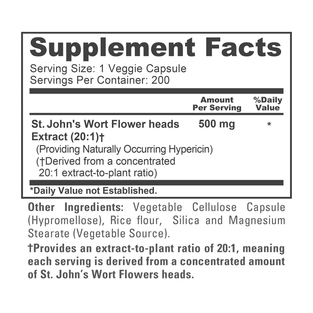 NusaPure St. John's Wort Extract 20:1 - Suitable for Vegetarian/Vegan, Non- GMO - 500mg - 200 Capsules