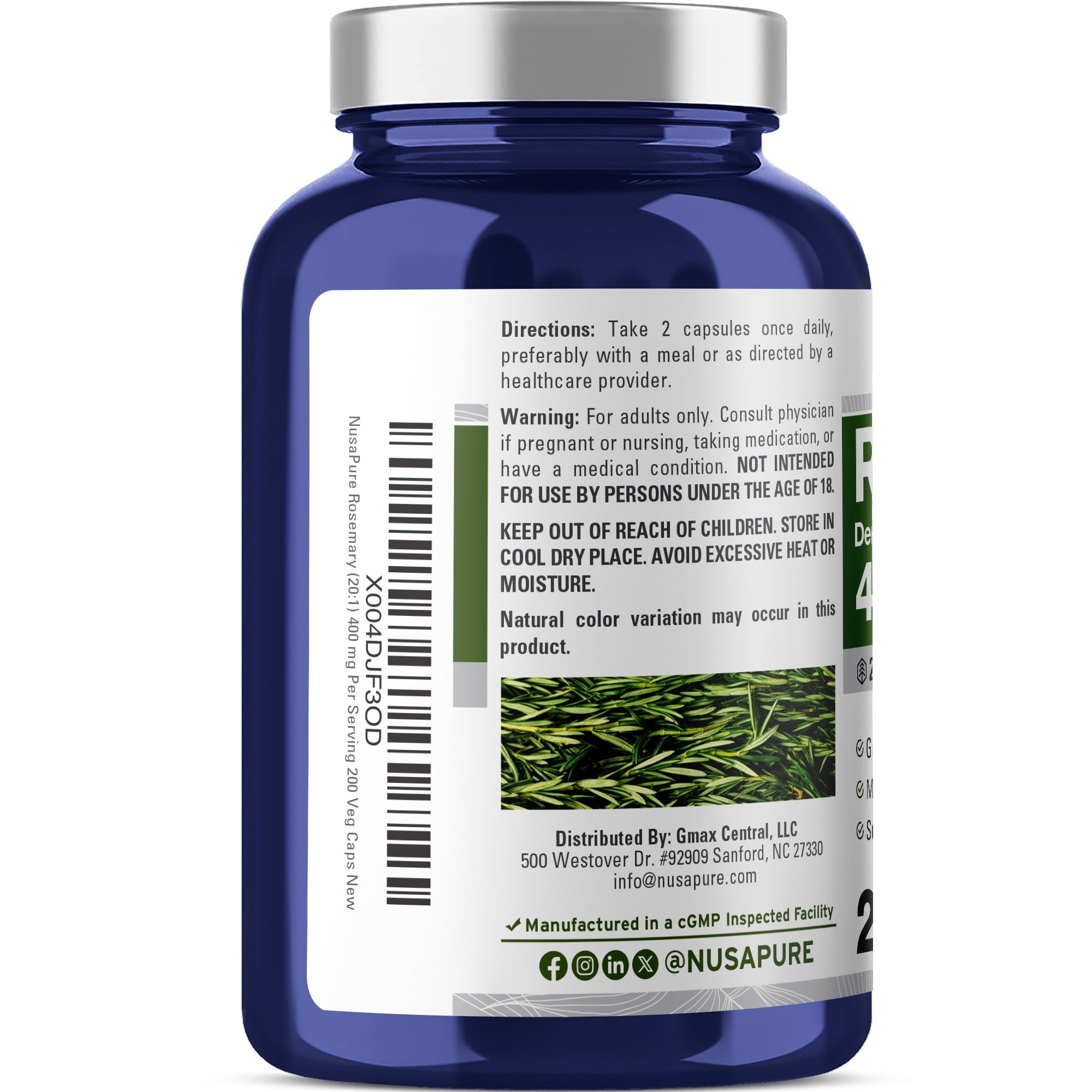 NusaPure Rosemary Capsules | 20:1 Extract, 400 mg | 200 Veggie Caps | Non-GMO & Vegan