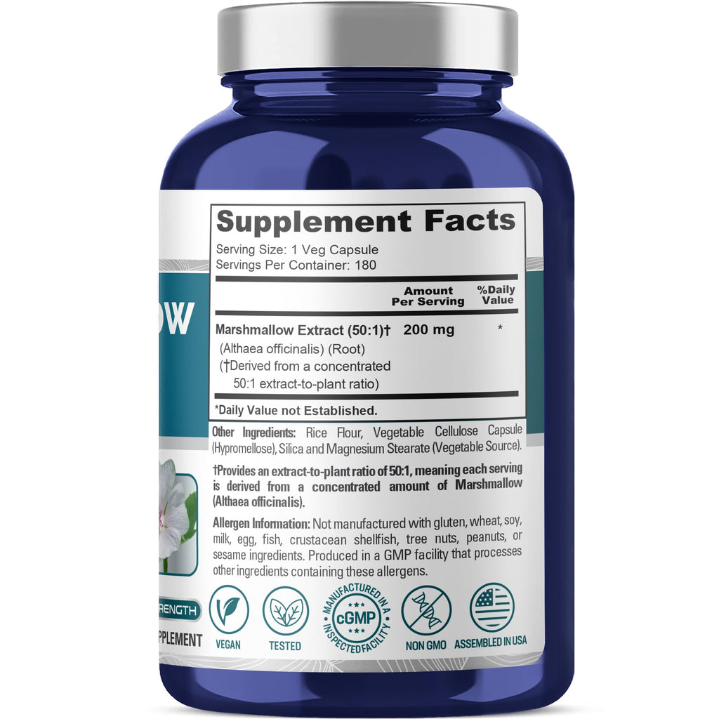 NusaPure Marshmallow Root 50:1 Extract, 200 mg Per Veggie Caps 180 Count (Non-GMO, Vegan) Bioperine