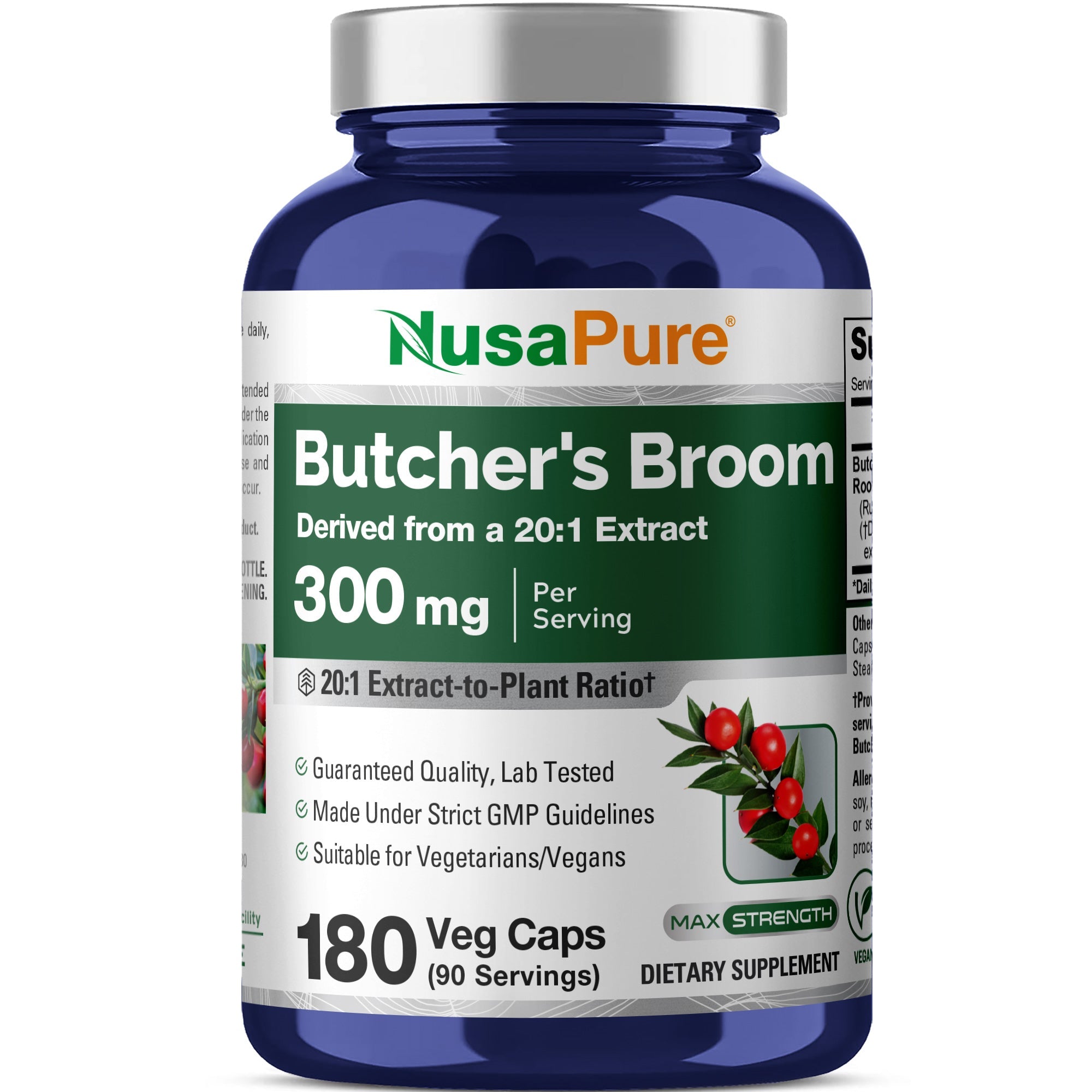 NusaPure Butcher's Broom Root 20:1 Extract, 300 mg Veggie Caps 180 Count (Non-GMO, Vegan)